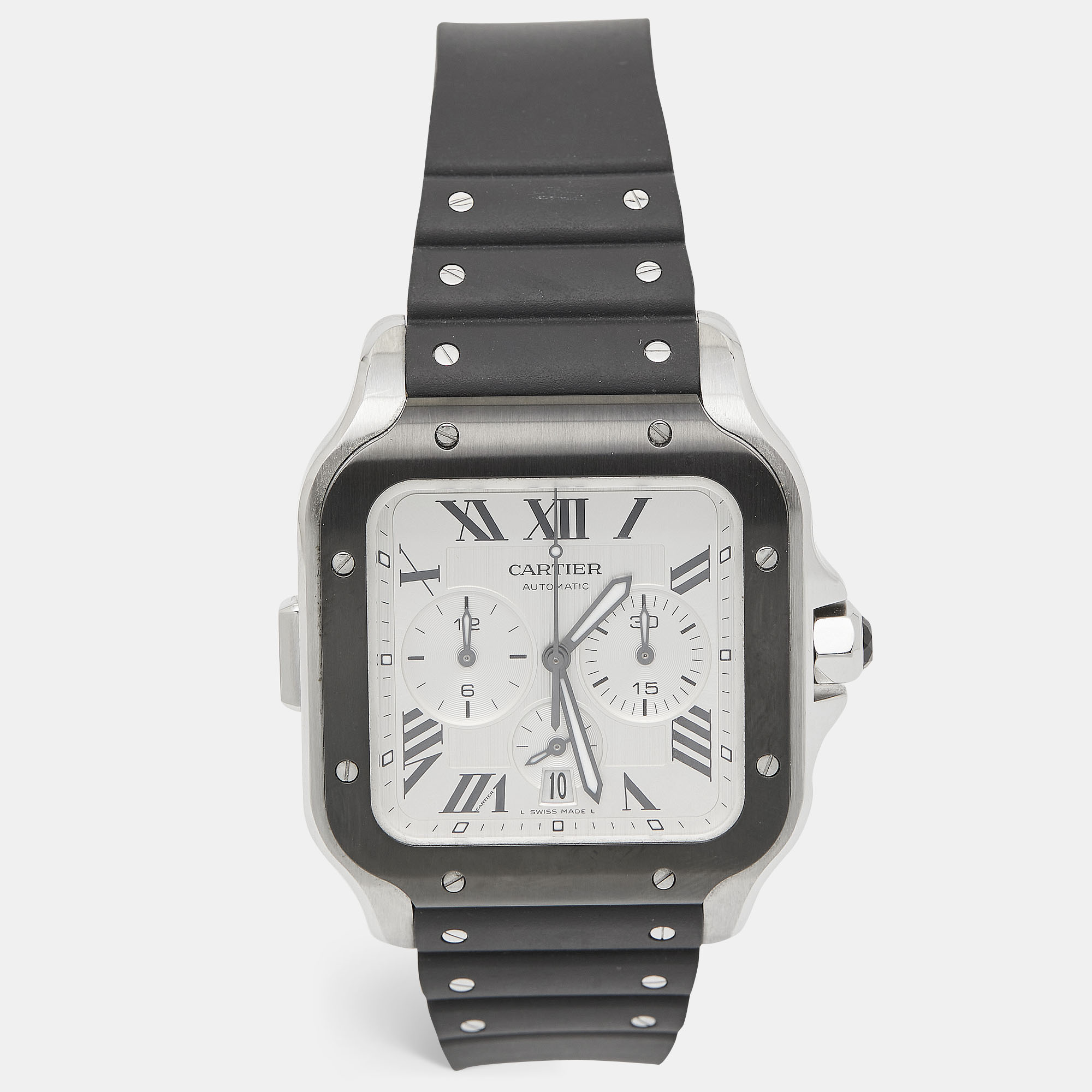 

Cartier Silver Two-Tone Stainless Steel Rubber Santos De Cartier WSS0017 Men's Wristwatch, Black