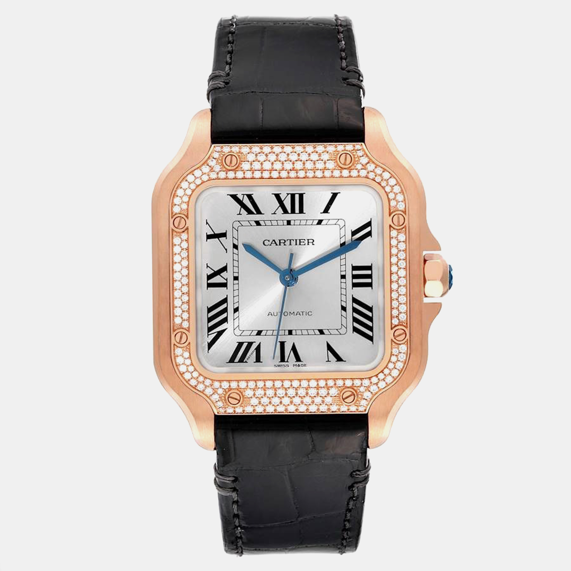 

Cartier Santos Midsize Rose Gold Diamond Men's Watch, Silver
