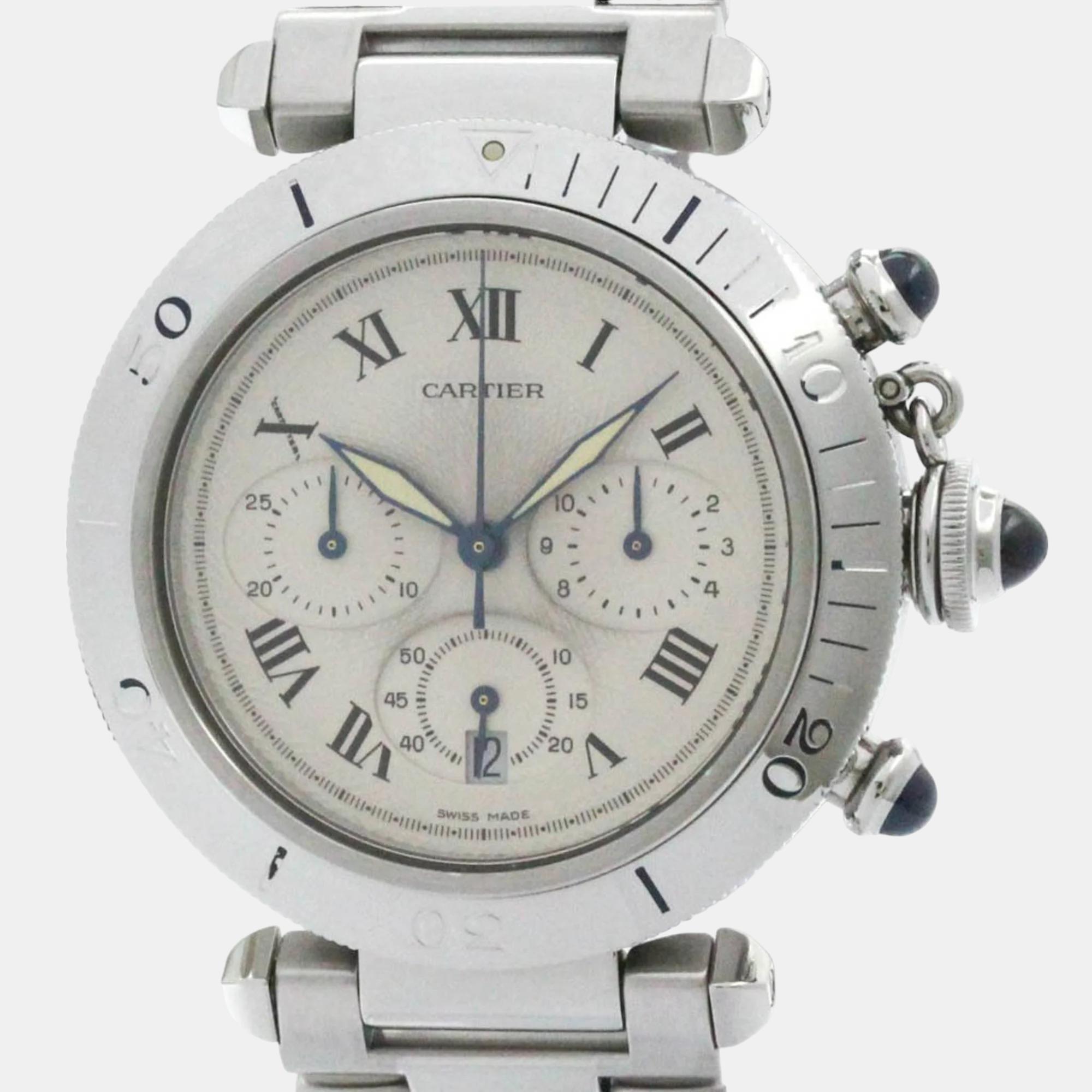 Pre-owned Cartier Silver Stainless Steel Pasha Quartz Men's Wristwatch 38 Mm