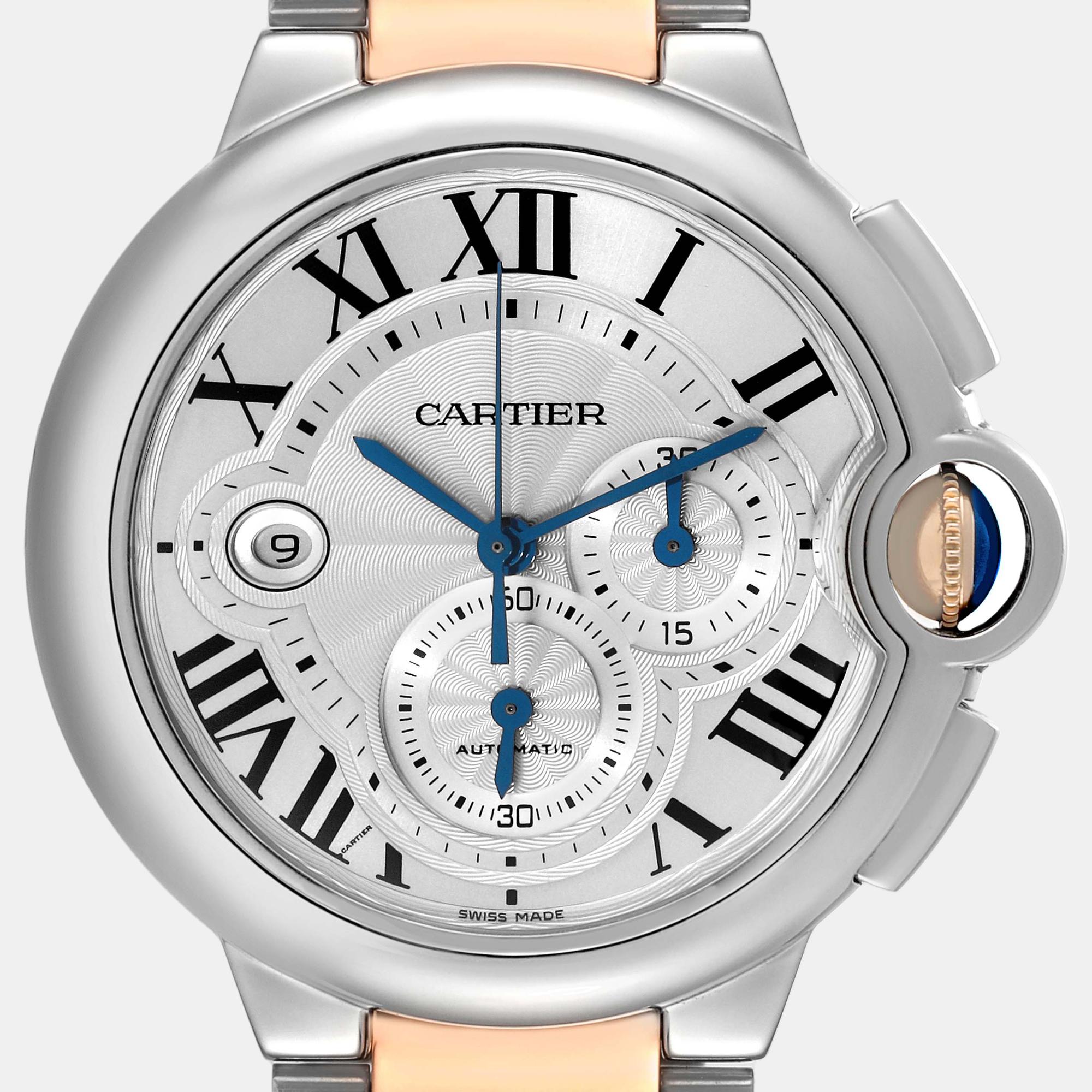 Pre-owned Cartier Ballon Bleu Chronograph Steel Rose Gold Mens Watch W6920063 In Silver