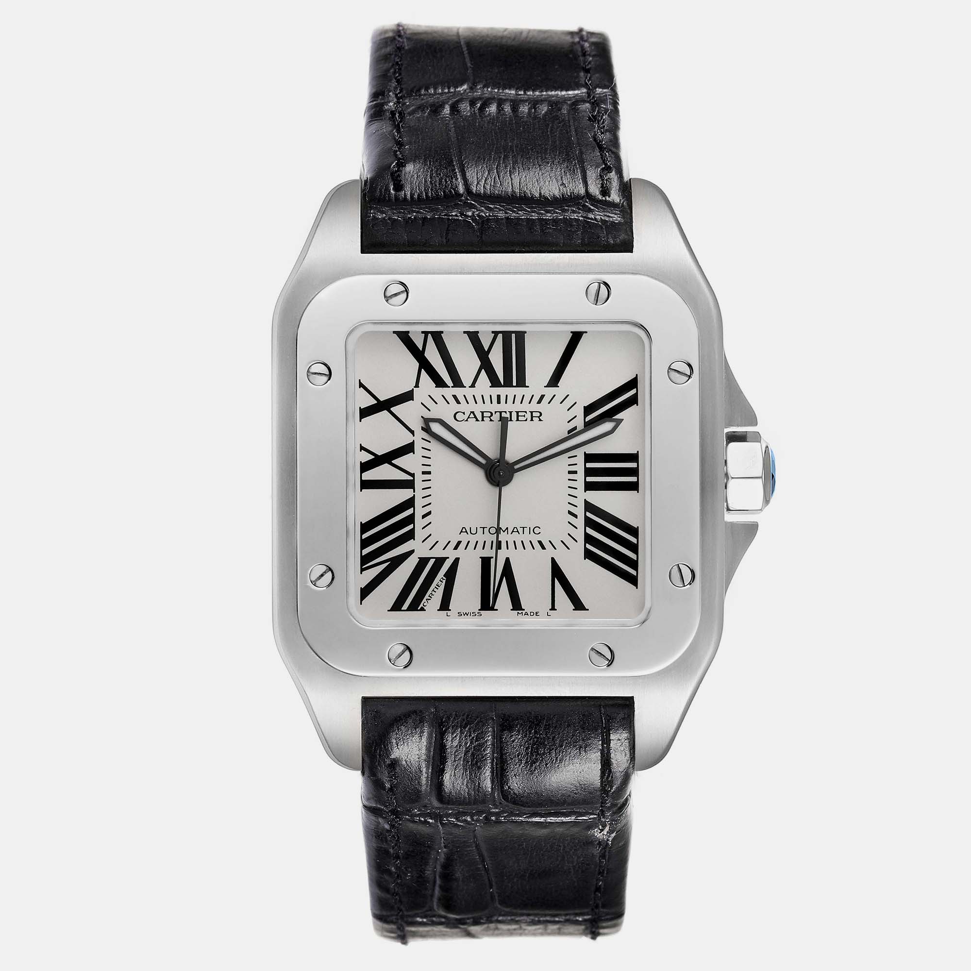 

Cartier Santos 100 Silver Dial Black Strap Steel Men's Watch 38.0 mm