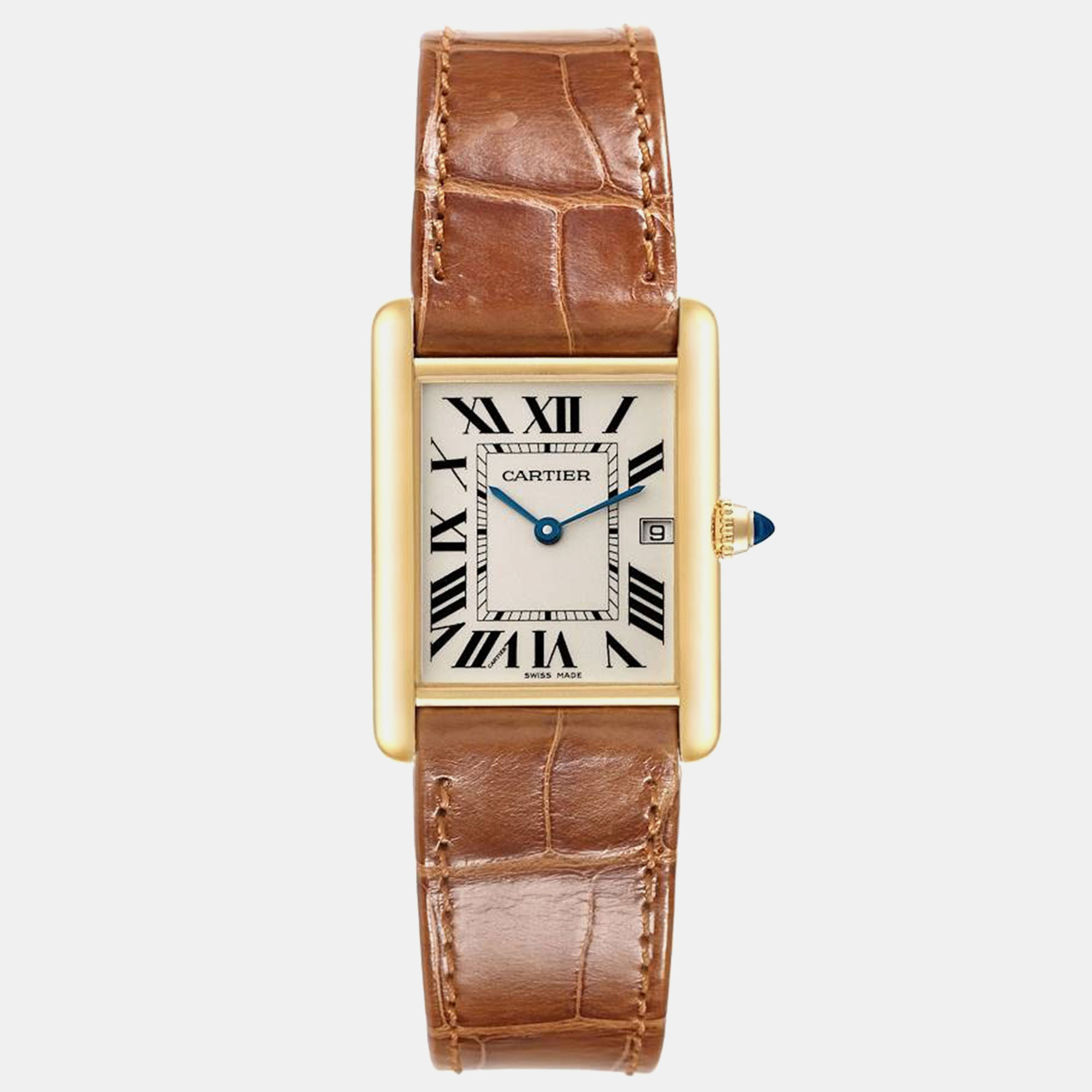 

Cartier Tank Louis Yellow Gold Leather Men's Watch W1529756, Silver