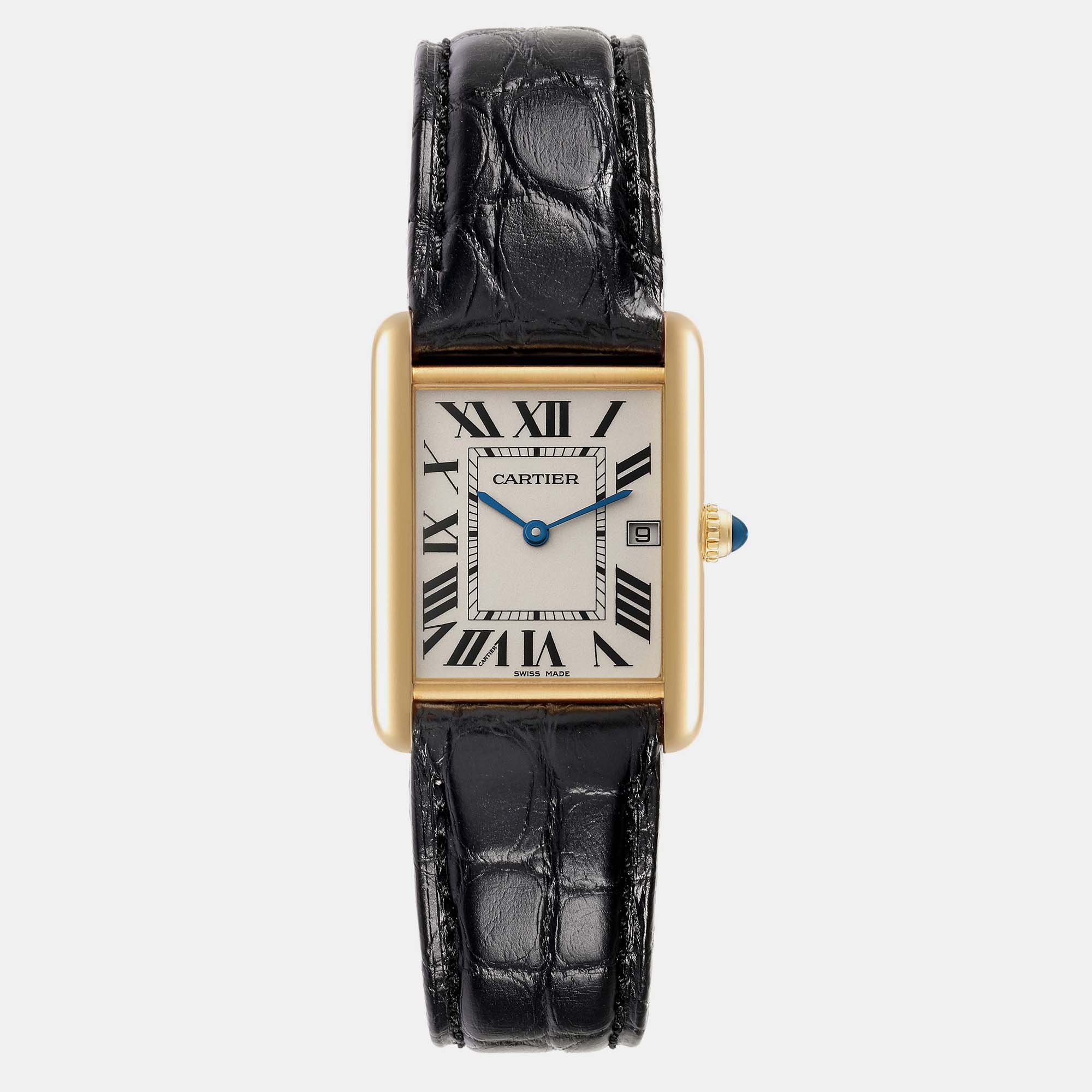 

Cartier Tank Louis Yellow Gold Leather Men's Watch, Silver