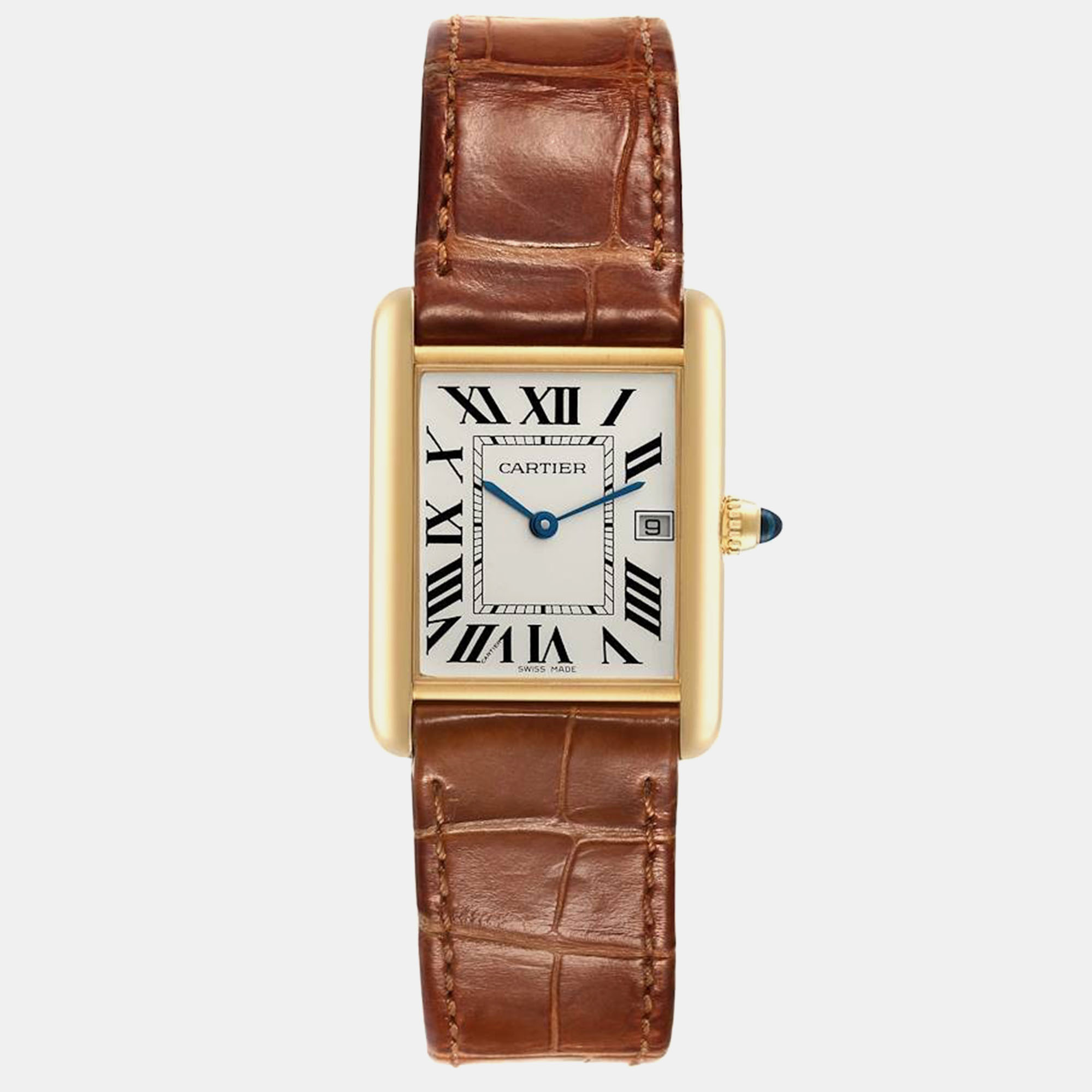 

Cartier Tank Louis Yellow Gold Brown Leather Strap Mens Watch W1529756 25 mm x 33 mm, Silver