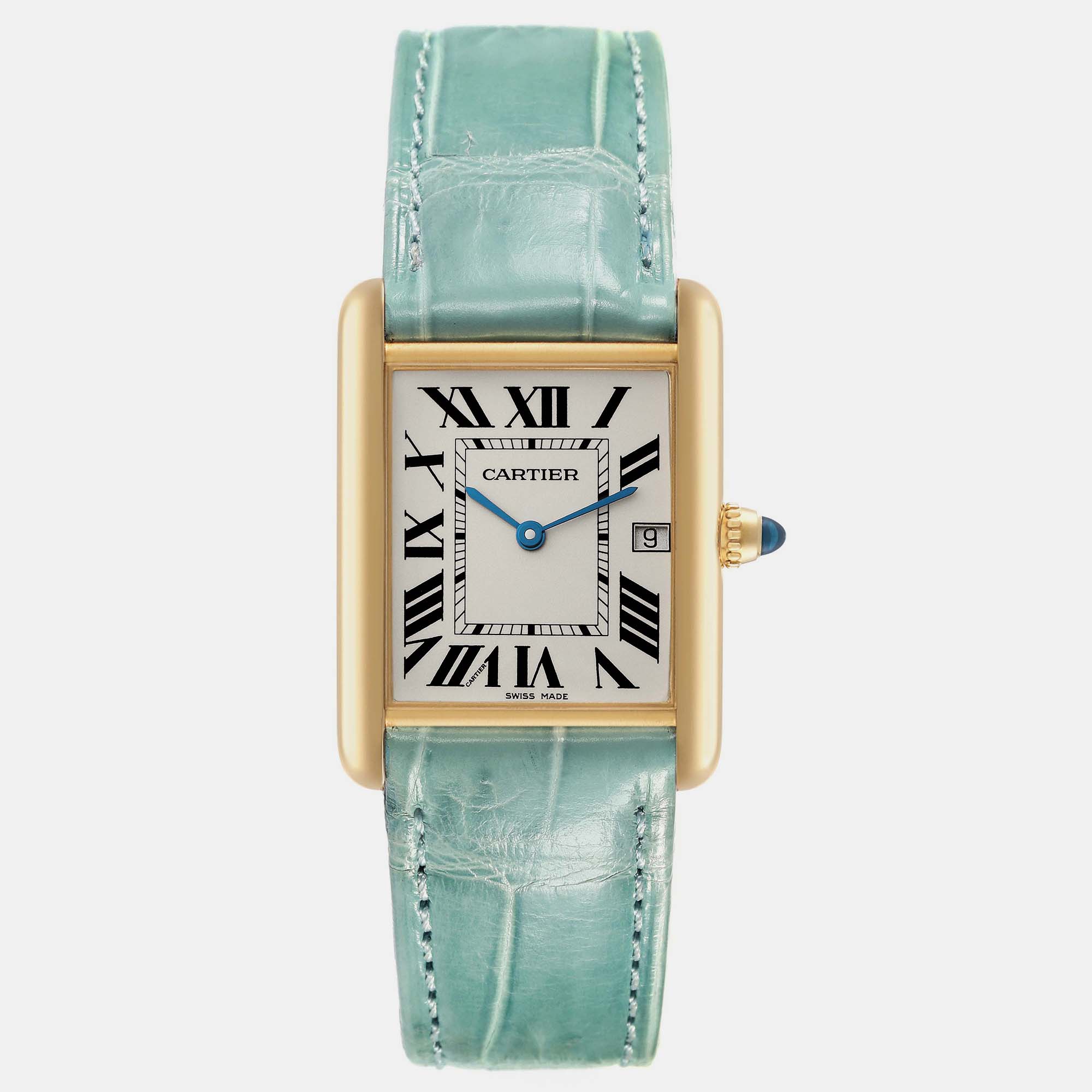 

Cartier Tank Louis Yellow Gold Teal Leather Strap Men's Watch W1529756, Silver