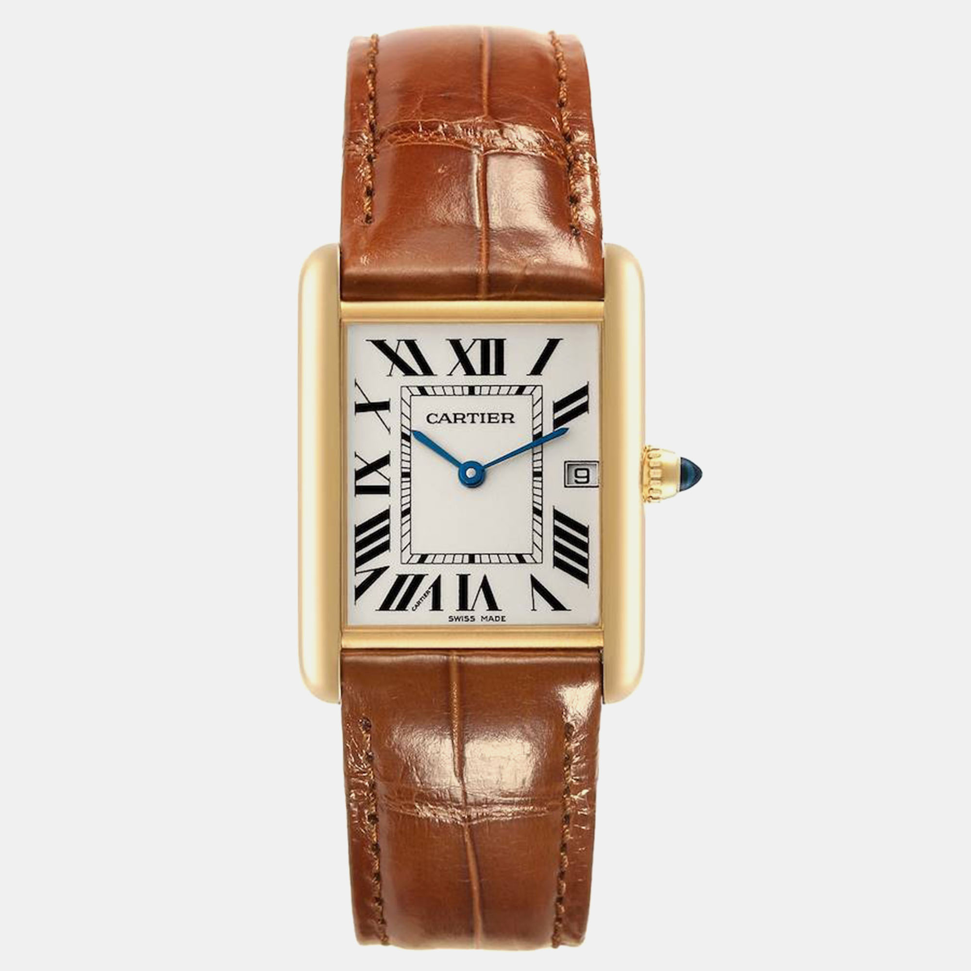 Pre-owned Cartier Tank Louis Yellow Gold Leather Men's Watch W1529756 25 X 33 Mm In Silver