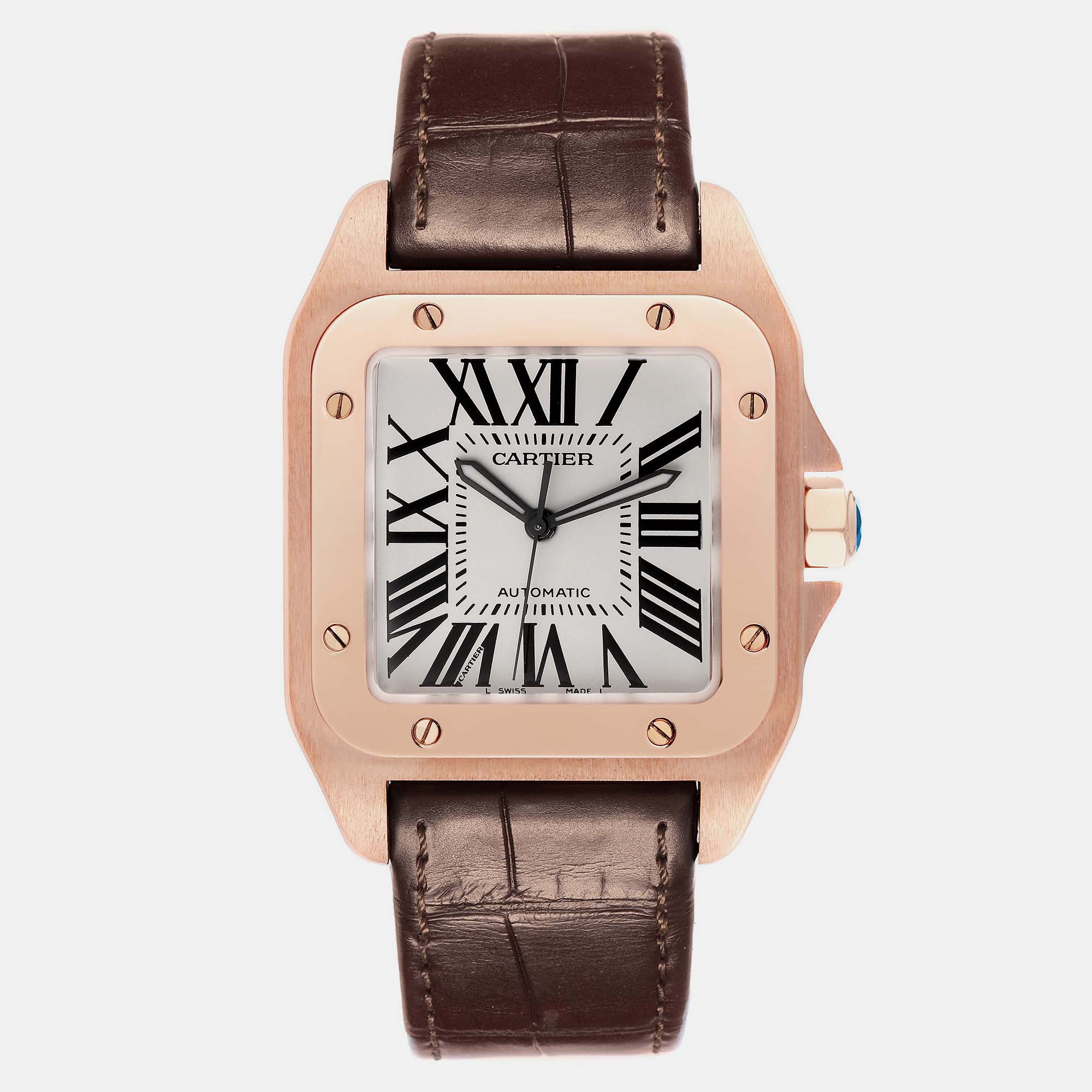 Pre-owned Cartier Santos 100 Xl Rose Gold Silver Dial Mens Watch W20095y1