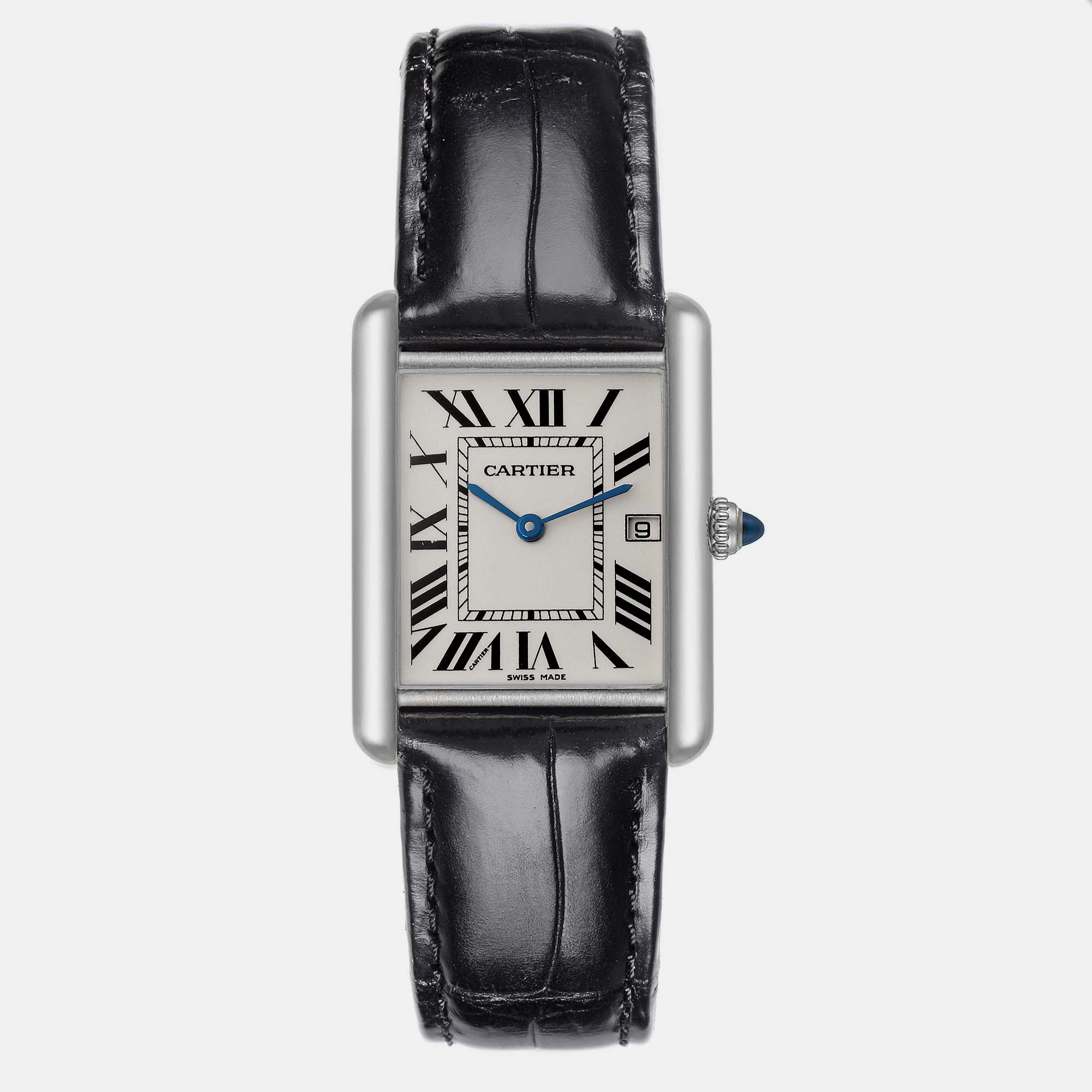 

Cartier Tank Louis Large White Gold Black Strap Men's Watch W1540956, Silver