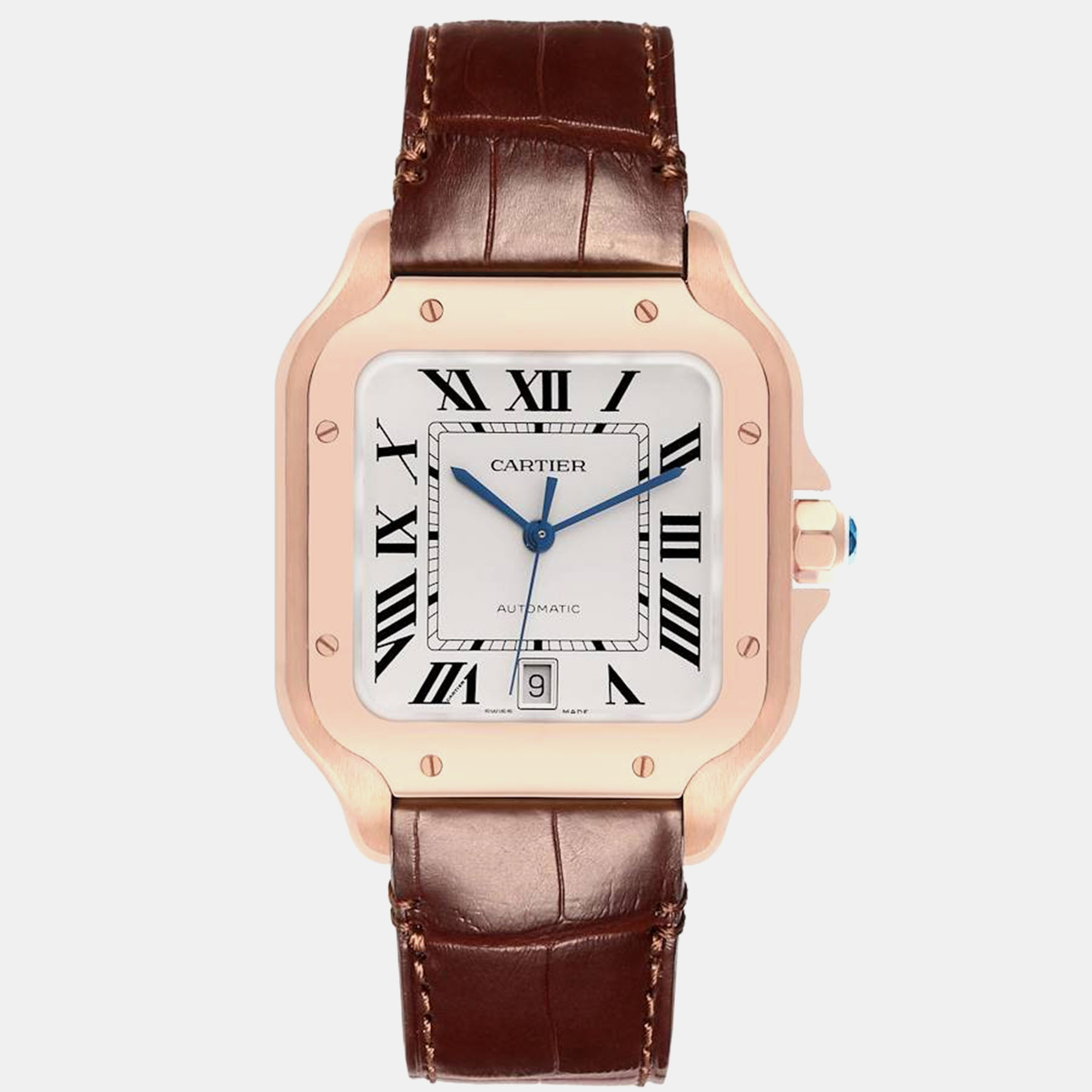 Pre-owned Cartier Santos Large Rose Gold Grey Strap Mens Watch Wgsa0019 47.5 Mm X 38 Mm In Silver