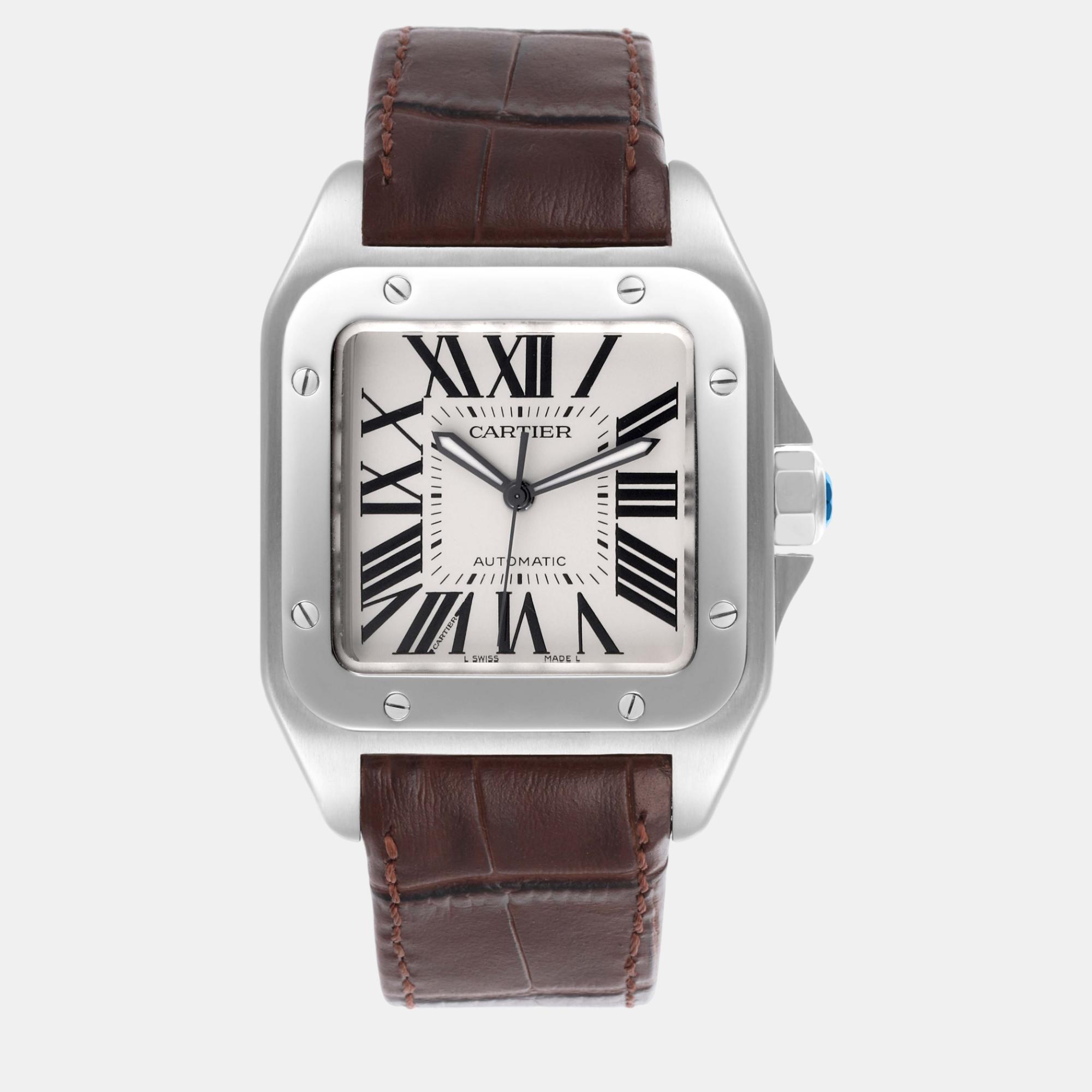 

Cartier Santos 100 Brown Strap Steel Men's Watch W20073X8, Silver