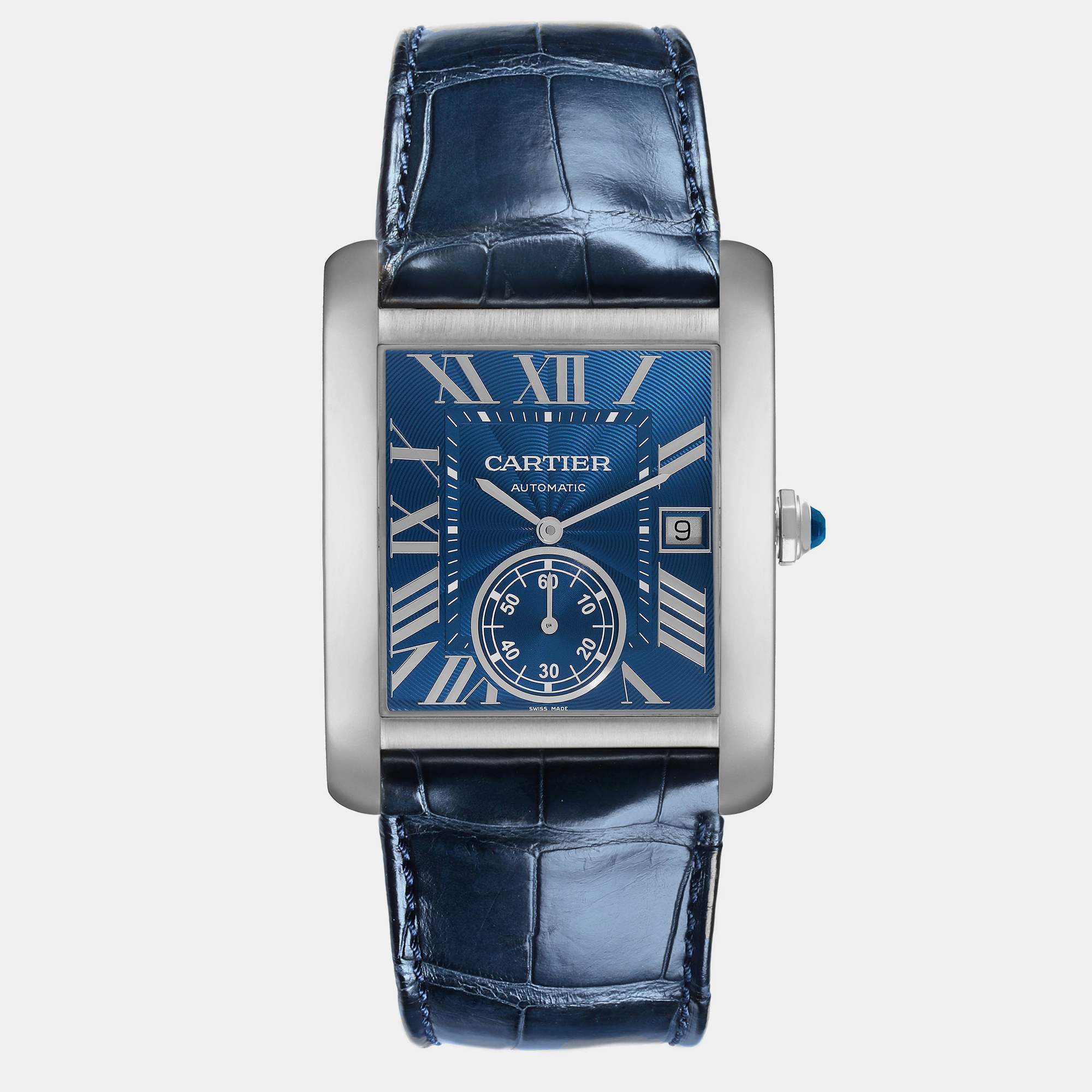 Pre-owned Cartier Tank Mc Blue Dial Automatic Steel Mens Watch Wsta0010 34.3 Mm X 44.0 Mm