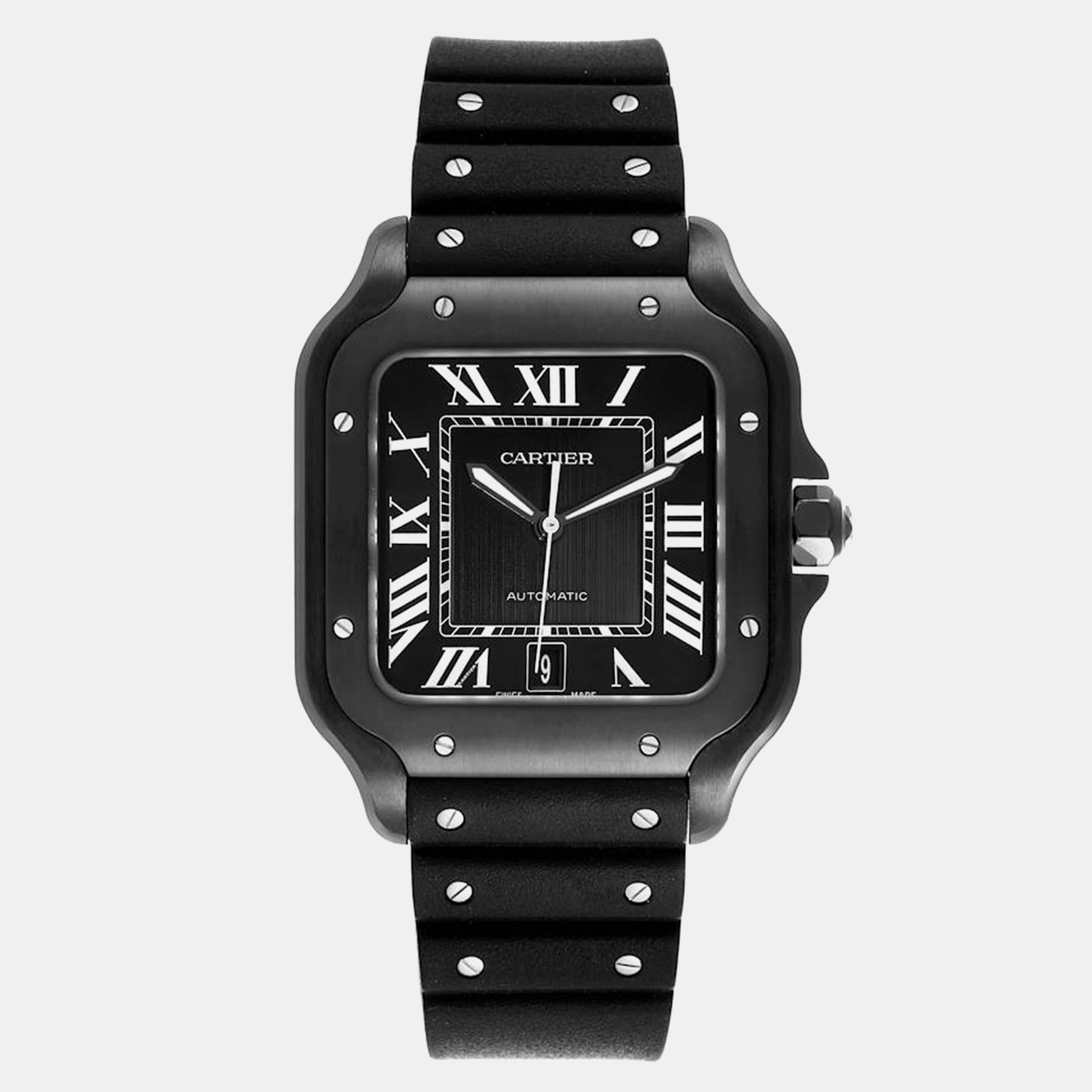 

Cartier Santos Black Dial Rubber Strap Steel Mens Watch WSSA0039