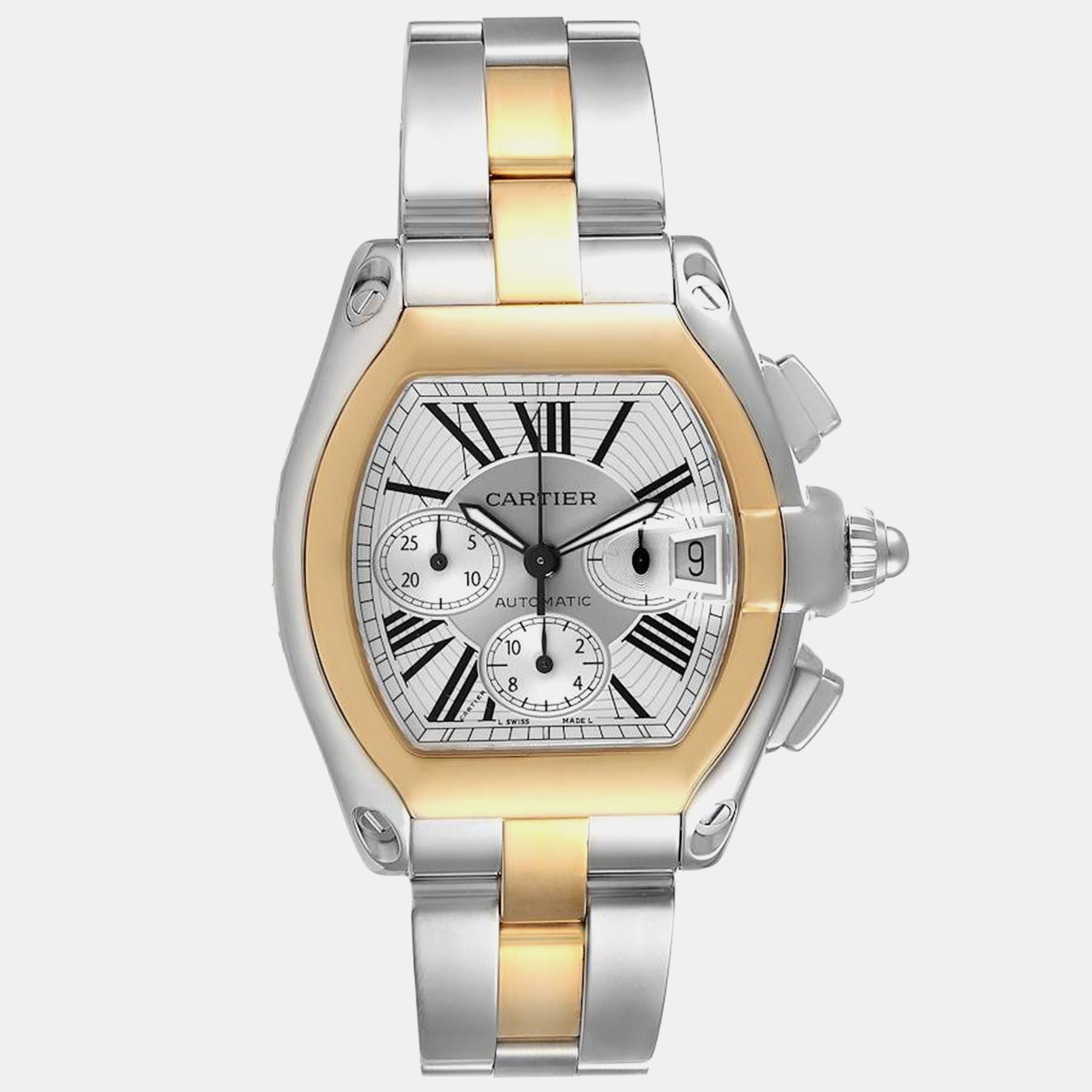 

Cartier Roadster Chronograph Steel Yellow Gold Mens Watch W62027Z1 48 mm x 43 mm, Silver