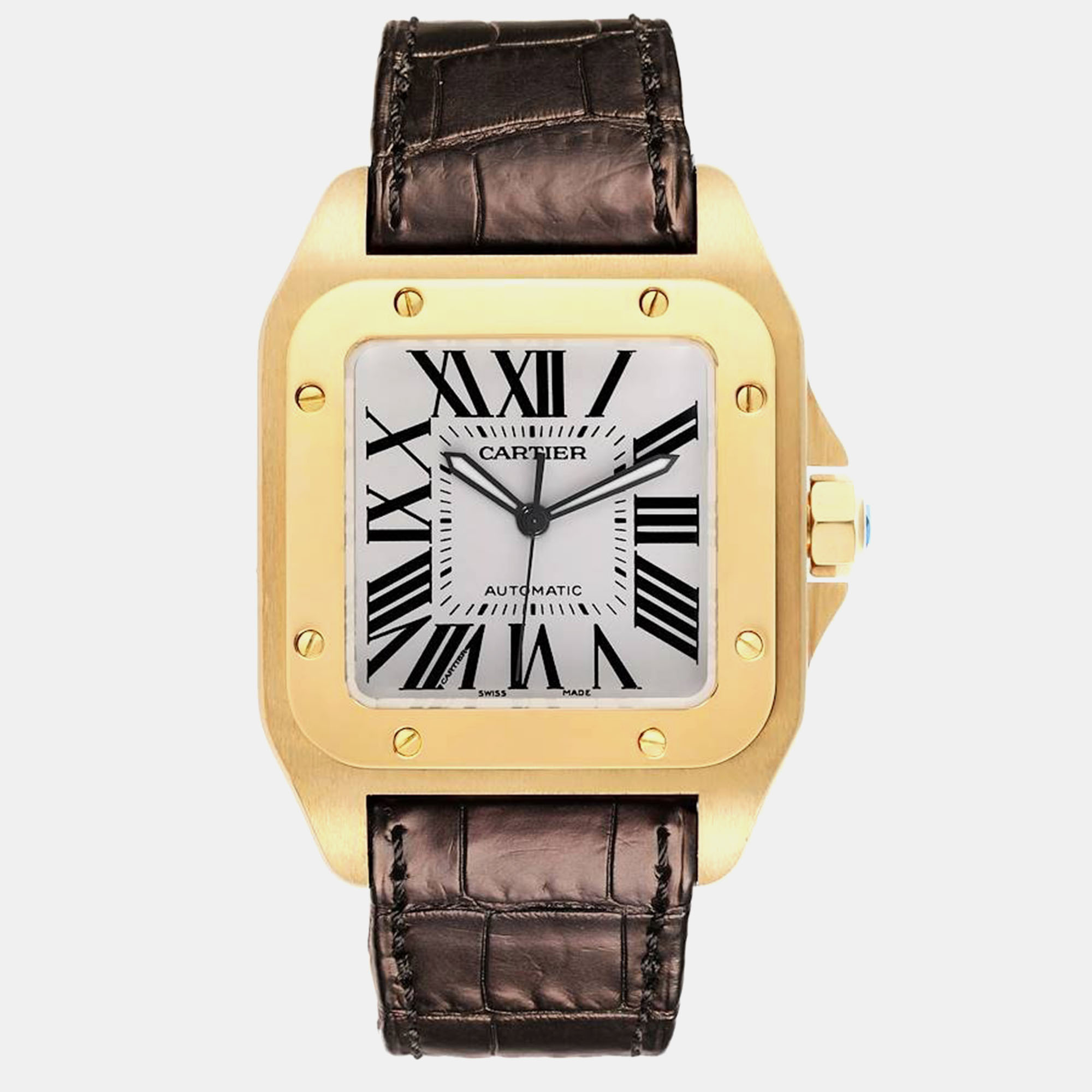 

Cartier Santos 100 XL 18K Yellow Gold Black Strap Mens Watch W20071Y1, Silver