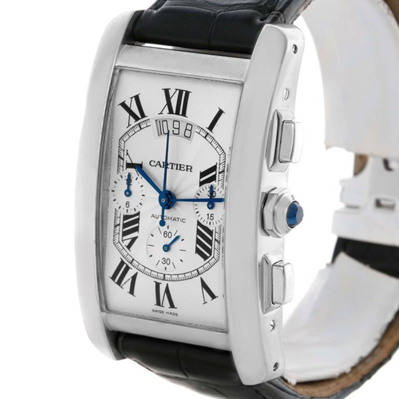 

Cartier Silver Guilloche 18K White Gold Tank Americaine  Men's Wristwatch 31MM