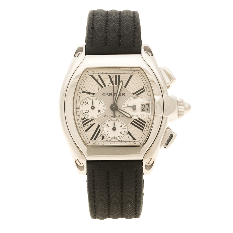 Pre Owned Cartier White and Silver Tone Dial Stainless Steel Roadster Men's Wristwatch 40 mm