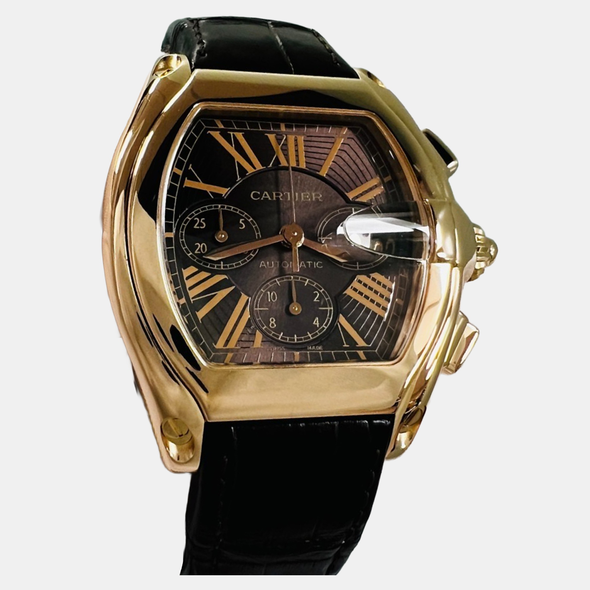 

Cartier Roadster Chronograph XL 2848 Automatic Black 18k Rose Gold Men's Wristwatch 45 mm, Brown