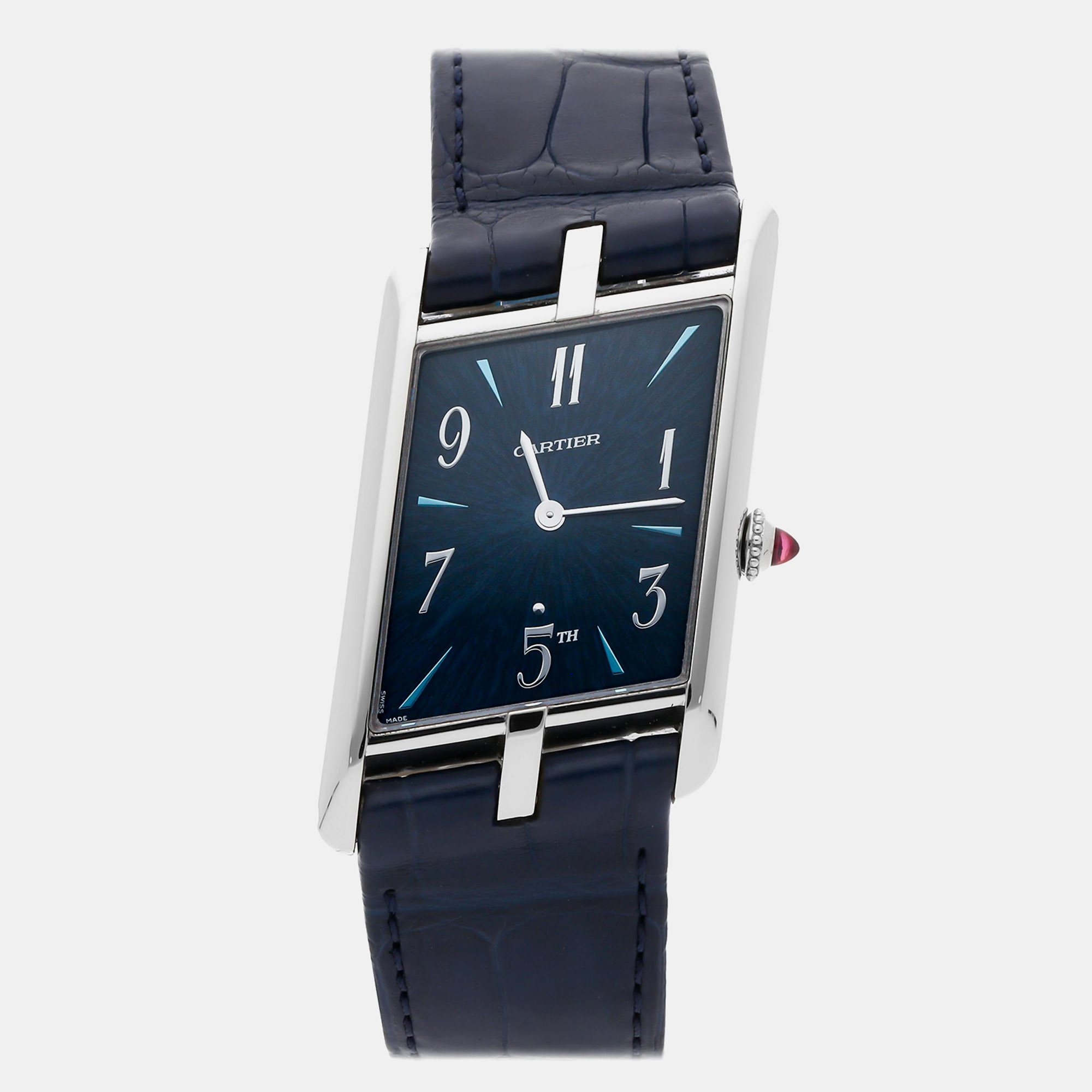Pre-Owned Cartier Tank Asymetrique “New York 5th Ave” WGTA0120 Blue Manual Winding Platinum Men’s Wristwatch 26 MM