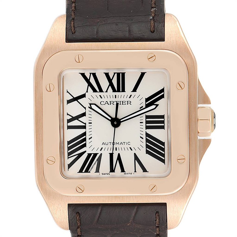 

Cartier Silver 18K Rose Gold and Leather Santos 100  W20095Y1 Men's Wristwatch 38MM