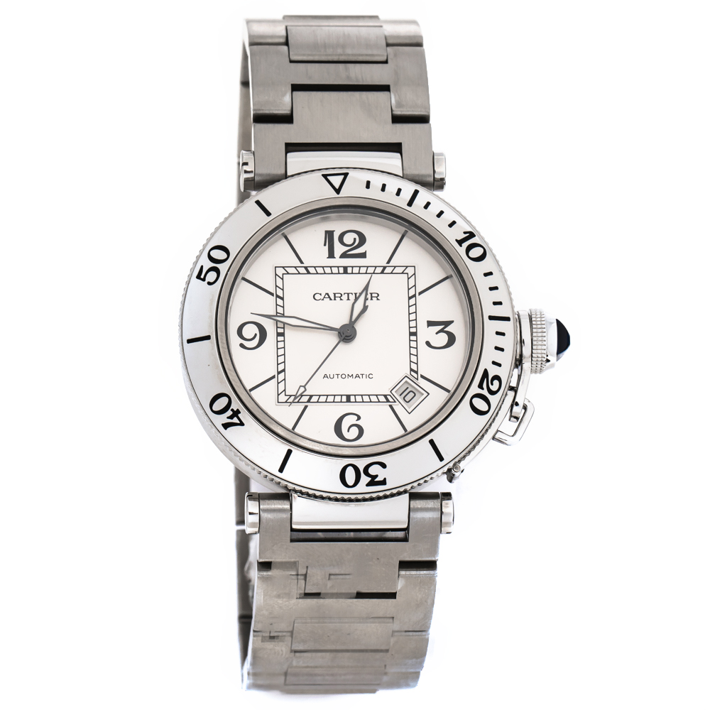 مملوكة مسبقًا Cartier Silver White Stainless Steel Pasha Seatimer 2790 Men's Wristwatch 40 mm