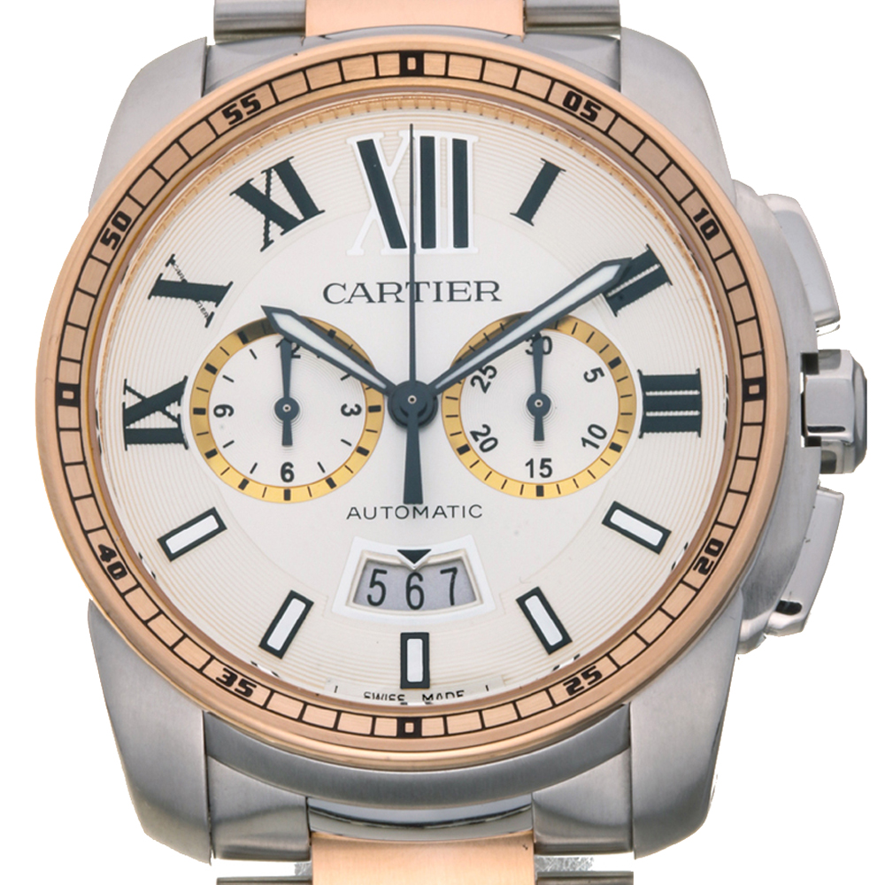 Pre Owned Cartier Silver 18K Rose Gold And Stainless Steel Calible De Chronograph W7100042 Men's Wristwatch 42 MM