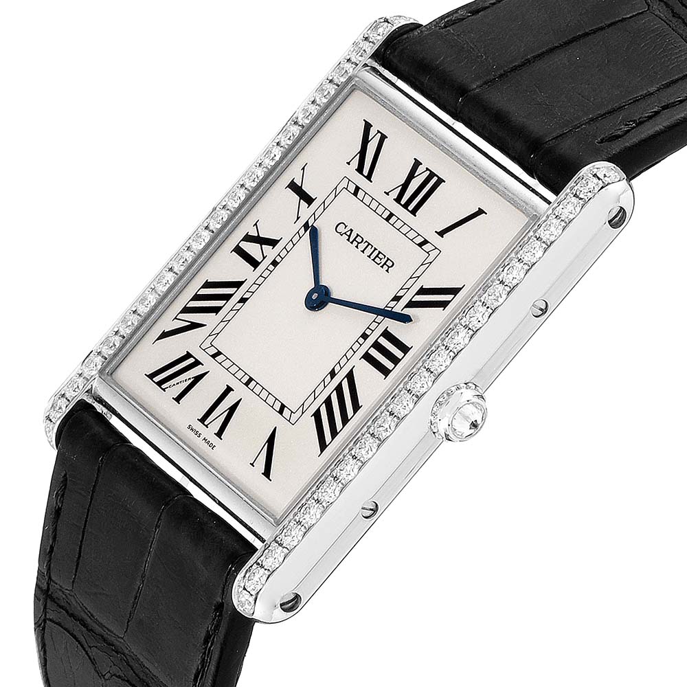 

Cartier Silver Diamonds 18K White Gold Tank Louis  WT200006 Men's Wristwatch 40 x 35 MM