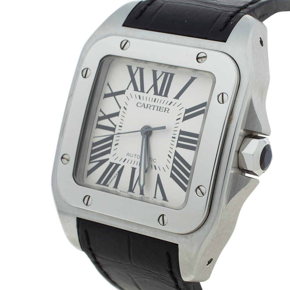 

Cartier White Stainless Steel Alligator Leather Santos, Black