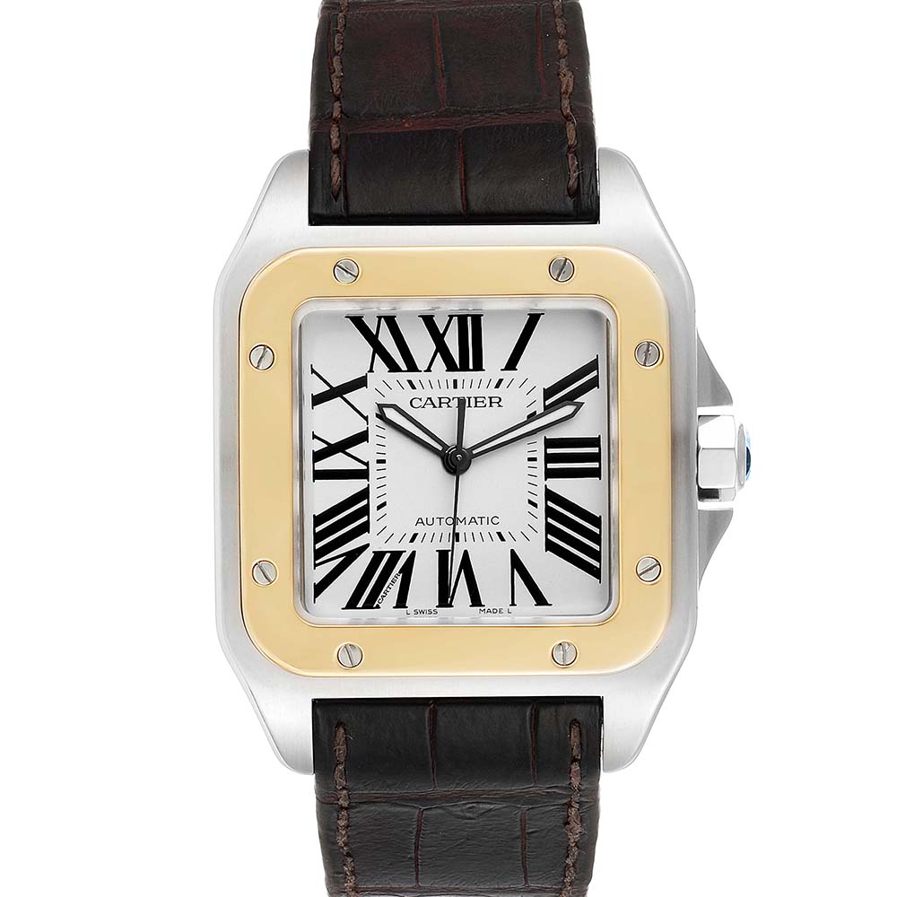 Pre-owned Cartier Silver 18k Yellow Gold And Stainless Steel Santos 100 W20072x7 Men's Wristwatch 51 X 41 Mm