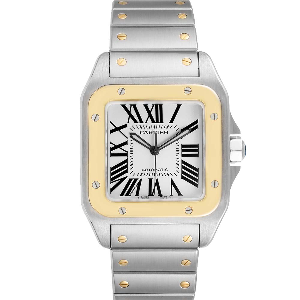 Pre-owned Cartier Silver 18k Yellow Gold And Stainless Steel Santos 100 W200728g Men's Wristwatch 38 Mm