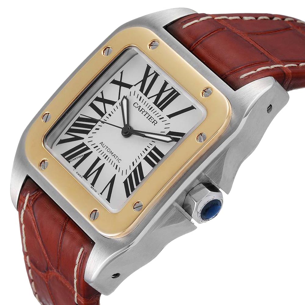 

Cartier Silver 18K Yellow Gold And Stainless Steel Santos 100 W20072X7 Men's Wristwatch 38 MM