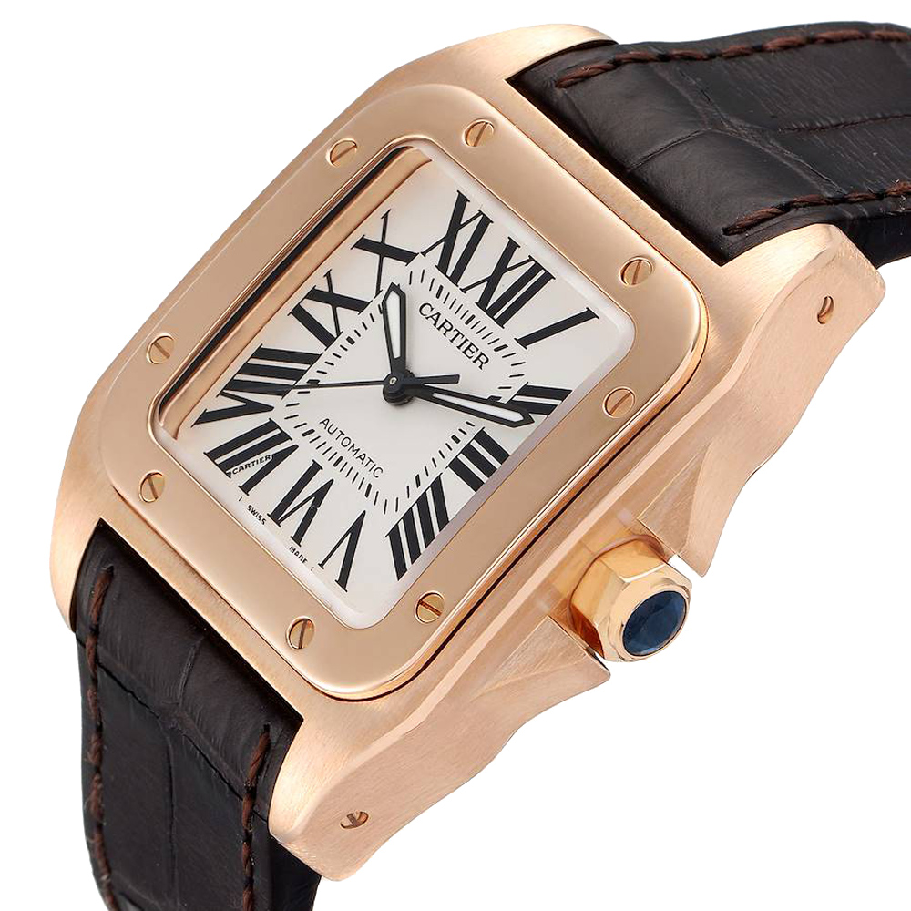 

Cartier Silver 18K Rose Gold Santos 100 W20108Y1 Men's Wristwatch 33 MM