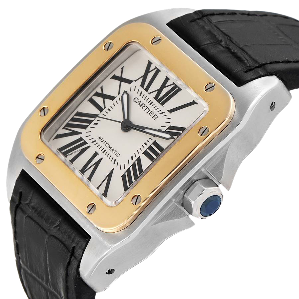 

Cartier Silver Stainless Steel 18K Yellow Gold Santos 100 W20072X7 Men's Wristwatch