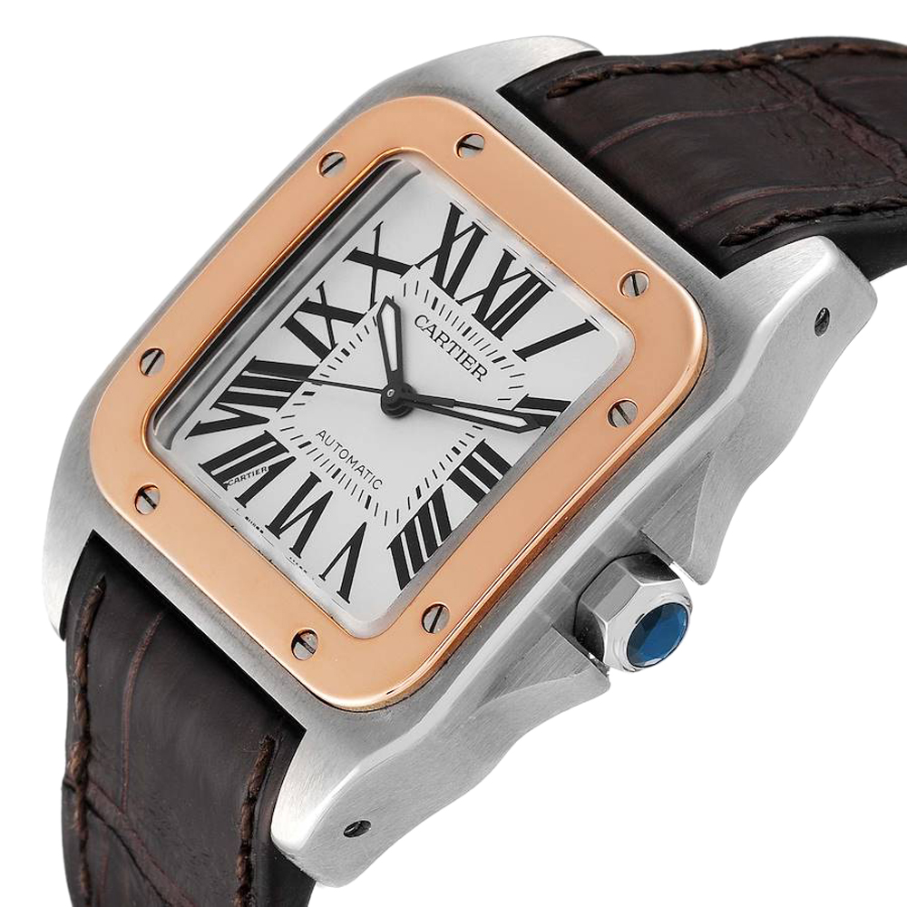 

Cartier Silver 18K Rose Gold And Stainless Steel Santos 100 W20107X7 Men's Wristwatch 33 MM