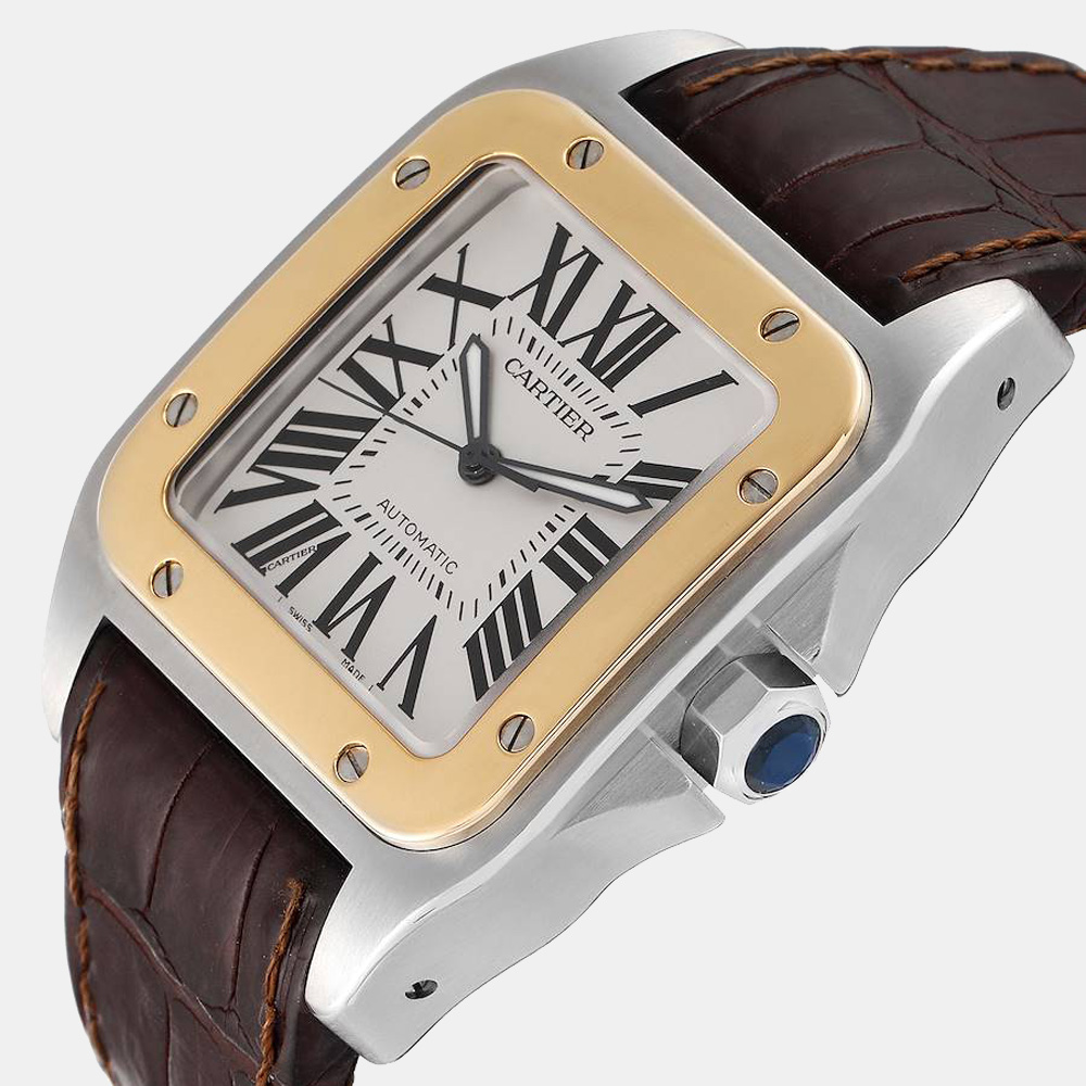 

Cartier Silver 18K Yellow Gold And Stainless Steel Santos 100 Automatic W20072X7 Men's Wristwatch 38 MM