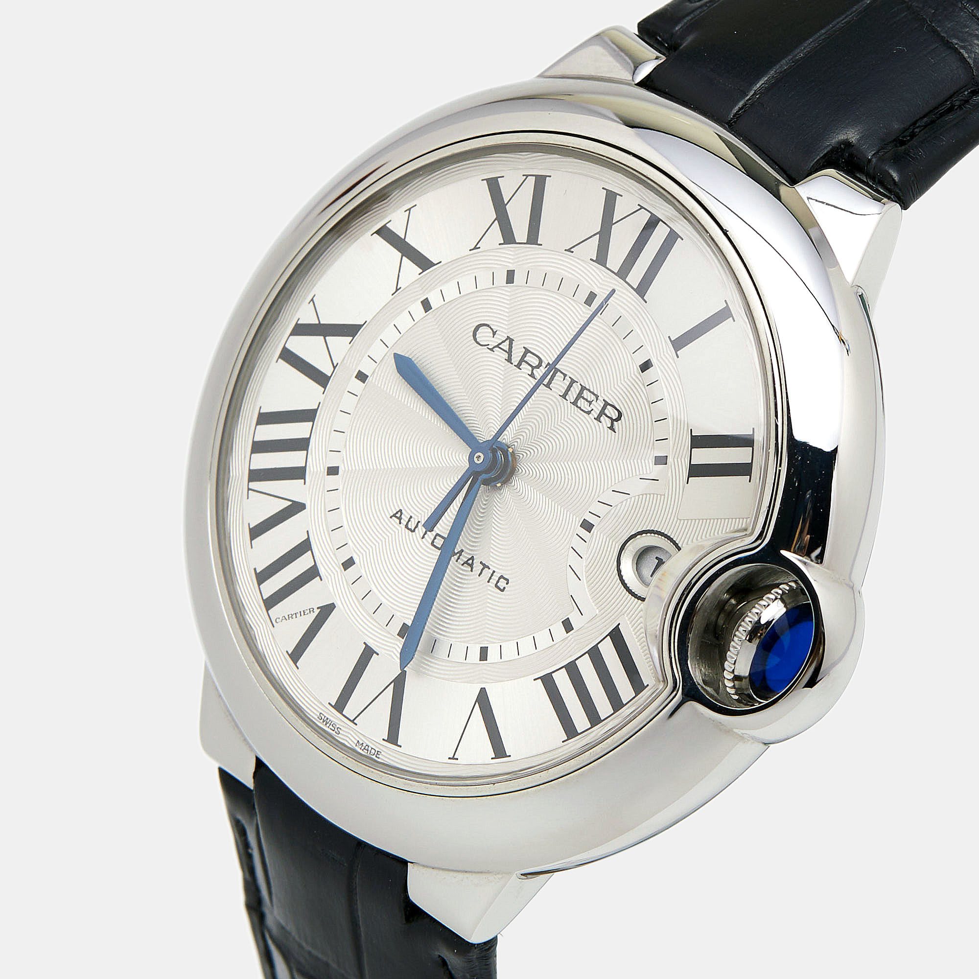 

Cartier Silver Stainless Steel Alligator Ballon Bleu WSBB0039 Men's Wristwatch