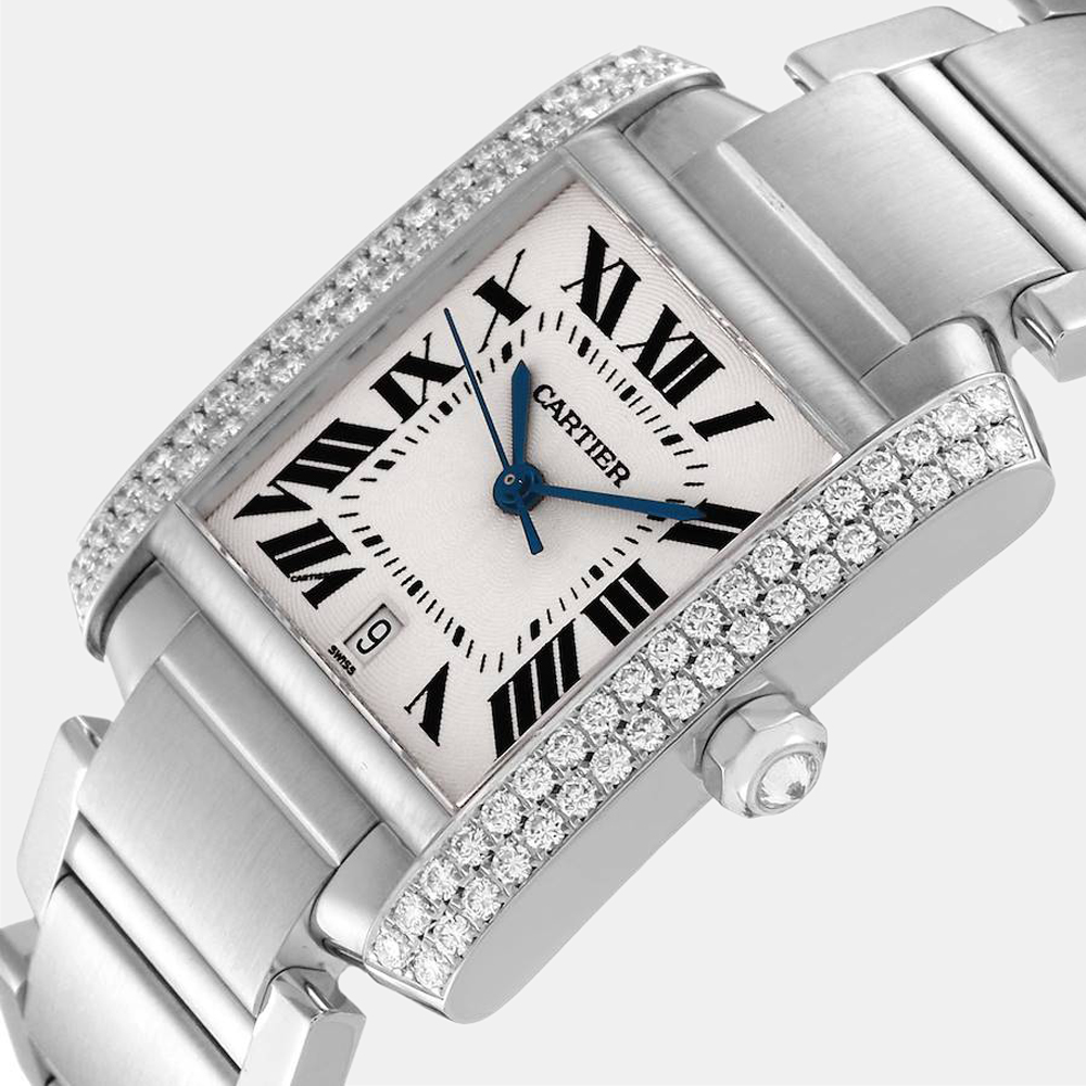 

Cartier Silver Diamonds 18K White Gold Tank Francaise 2366 Men's Wristwatch 28 mm