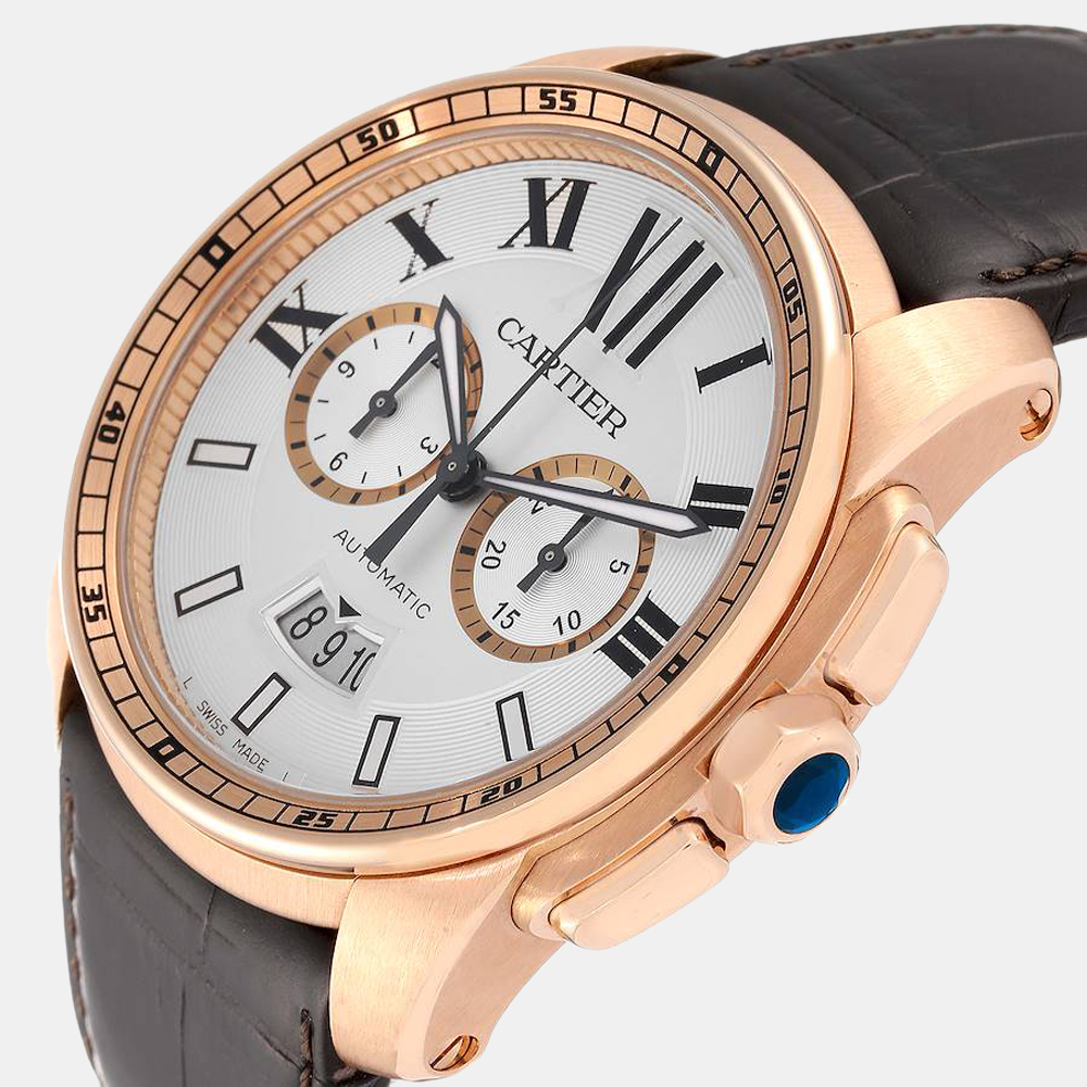 

Cartier Silver 18K Rose Gold Calibre Chronograph W7100044 Men's Wristwatch 42 mm