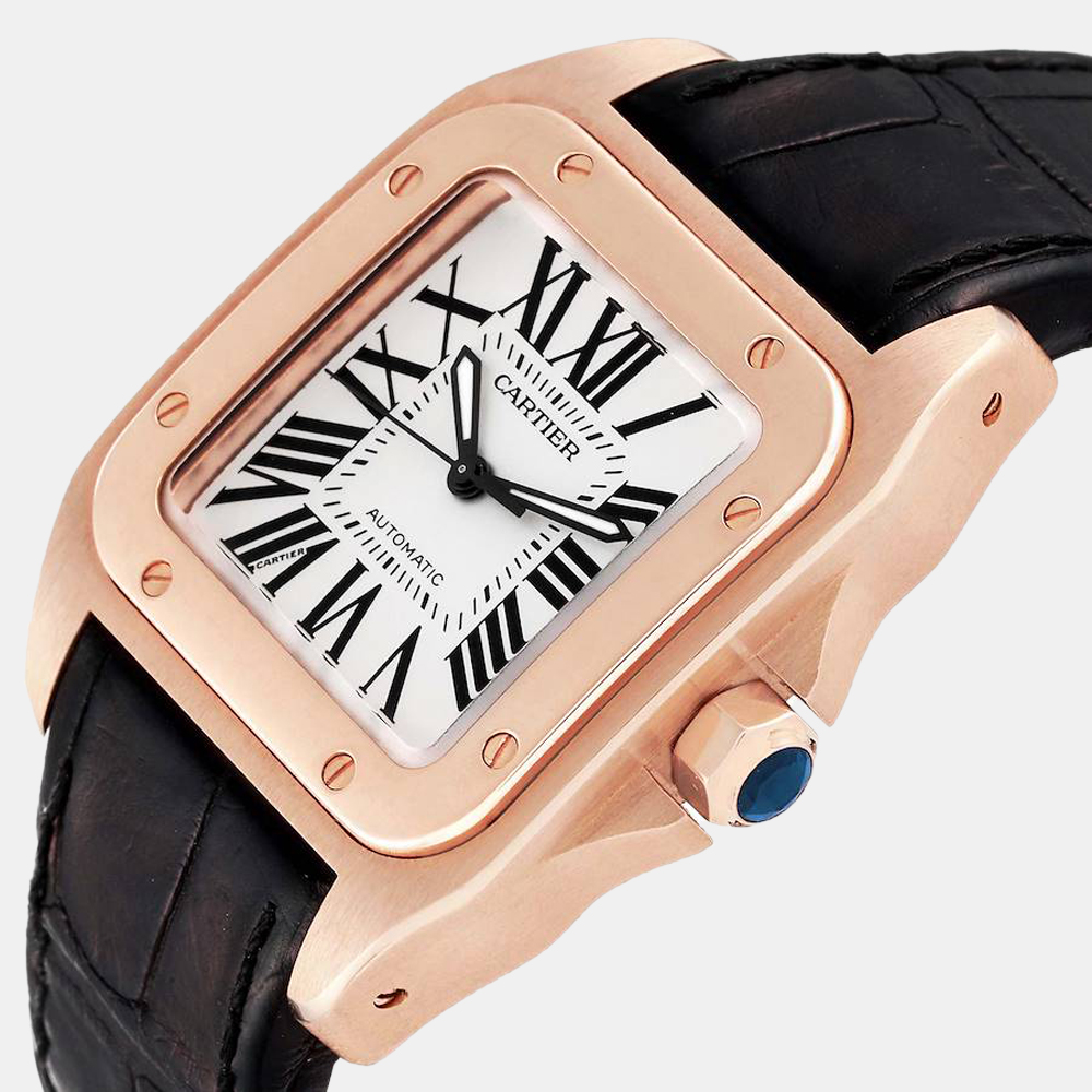 

Cartier 18K Silver Rose Gold Santos 100 W20108Y1 Men's Wristwatch 33 mm, White