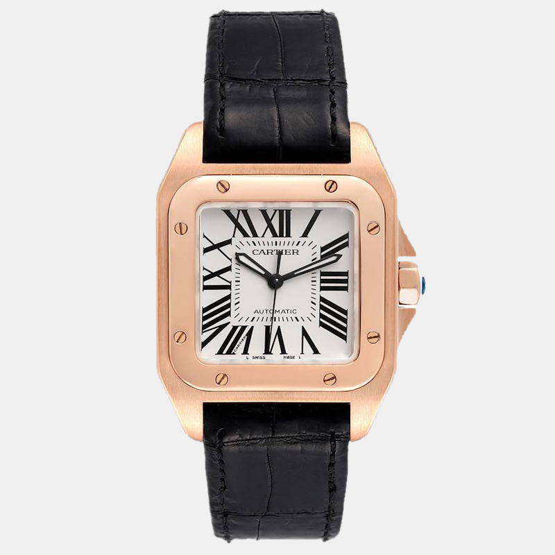 This elegant and ageless watch by Cartier features a set of black leather straps with a strategically weighted case made of 18k rose gold. The square shaped bezel is made of 18k rose gold. The white dial has Roman numeral hour markers and arrow shaped arms.