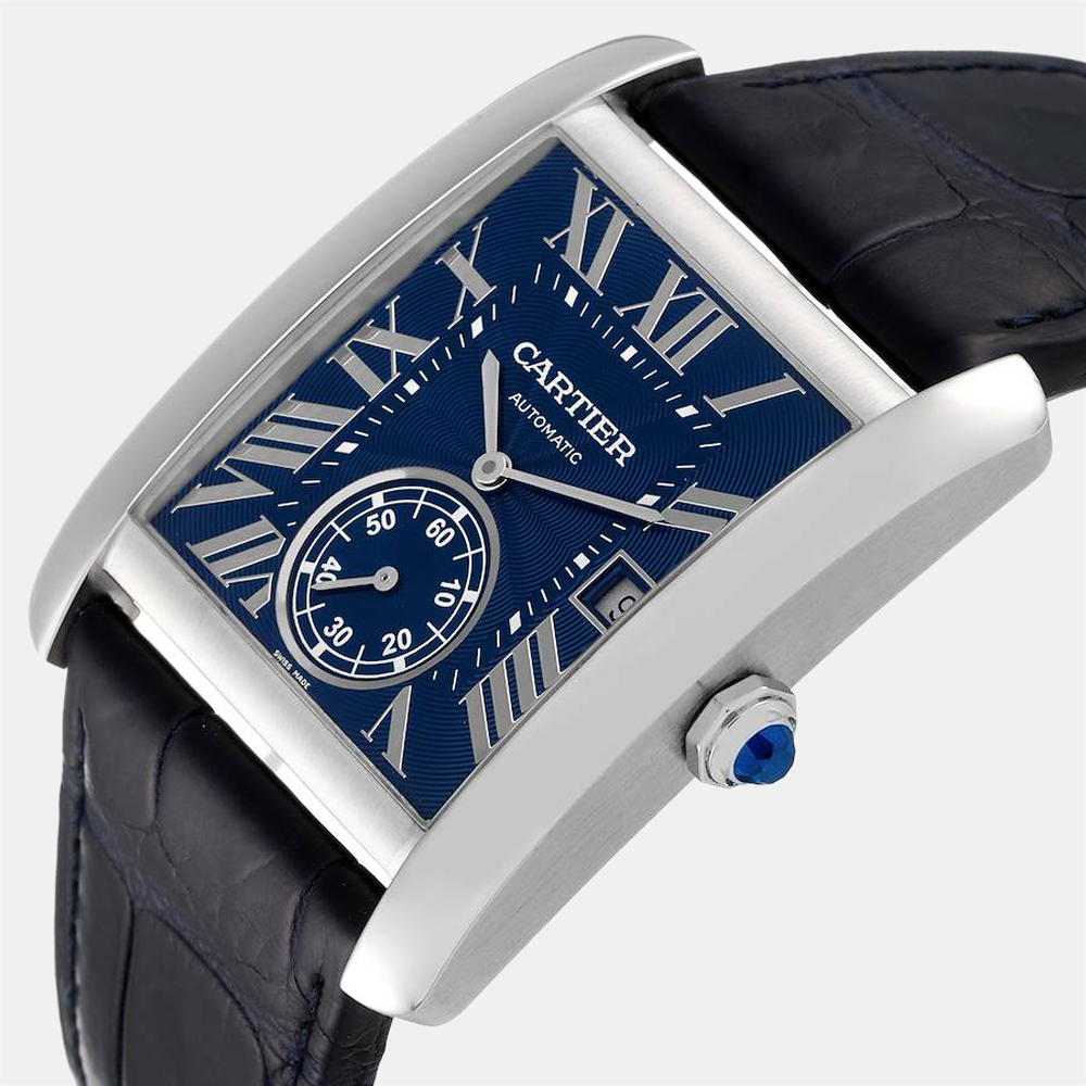 

Cartier Blue Stainless Steel Tank MC WSTA0010 Automatic Men's Wristwatch 34 mm