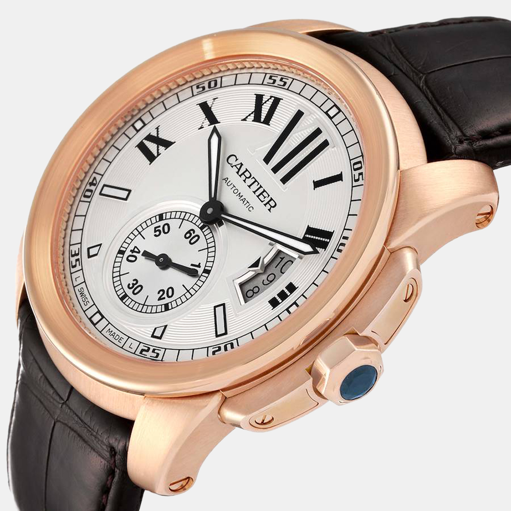 

Cartier Silver 18k Rose Gold Calibre de Cartier W7100009 Automatic Men's Wristwatch 42 mm