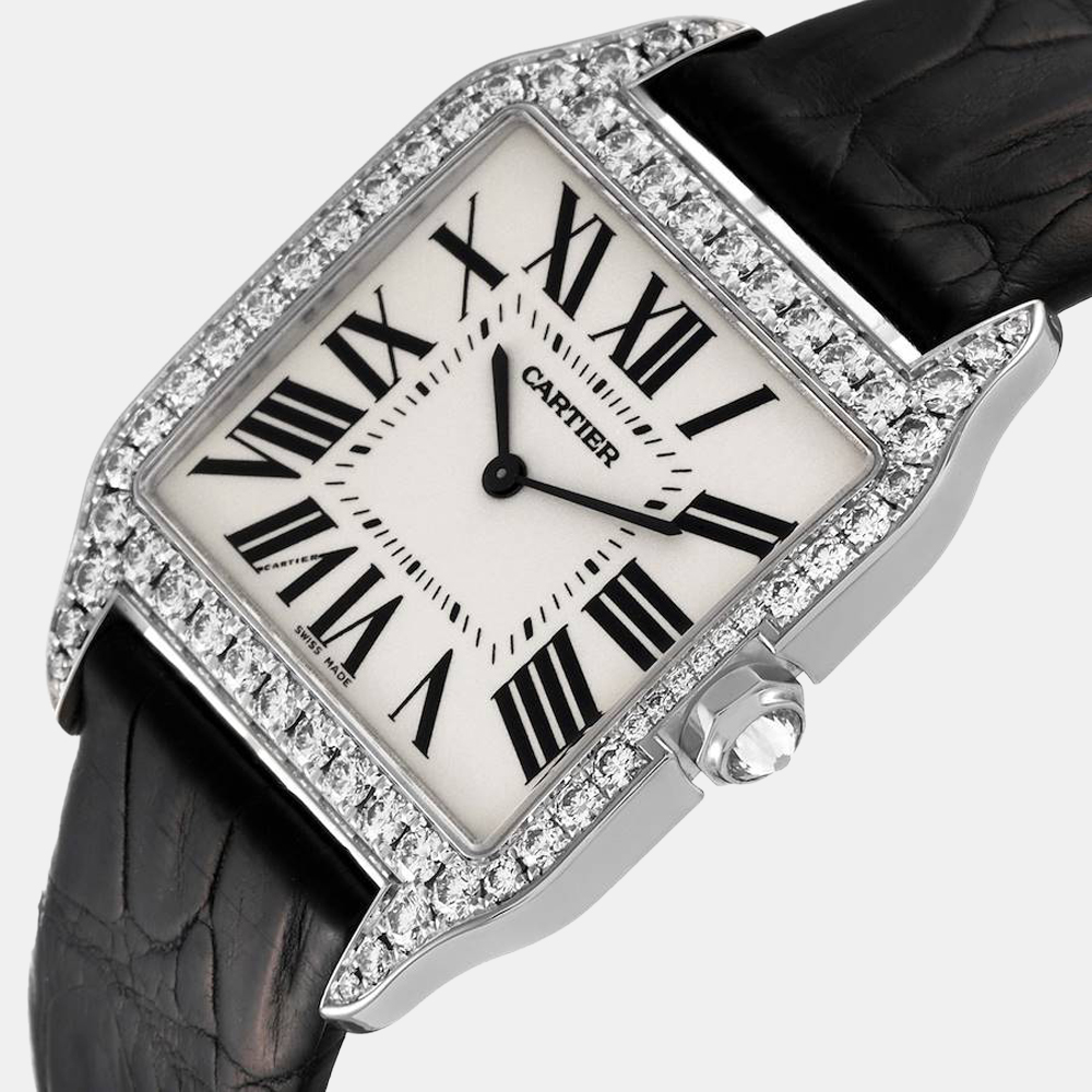 

Cartier Silver Diamond 18k White Gold Santos Dumont WH100651 Manual Winding Men's Wristwatch 35 mm