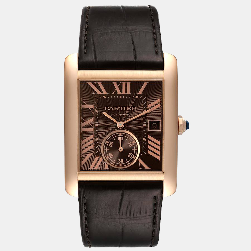 Pre-owned Cartier Brown 18k Rose Gold Tank Mc W5330002 Automatic Men's Wristwatch 34 Mm
