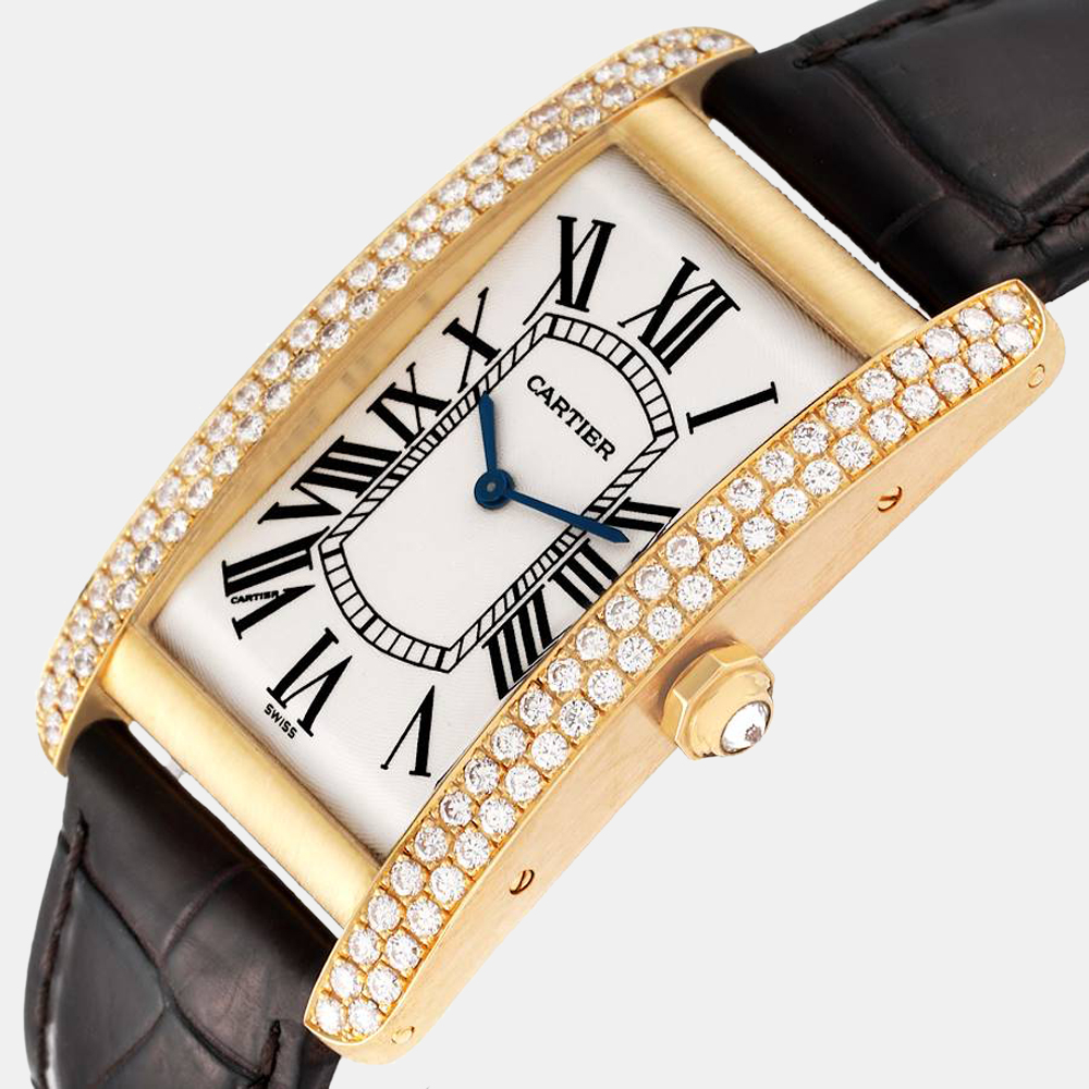 

Cartier Silver Diamond 18k Yellow Gold Tank Americaine 1735 Manual Winding Men's Wristwatch 27 mm