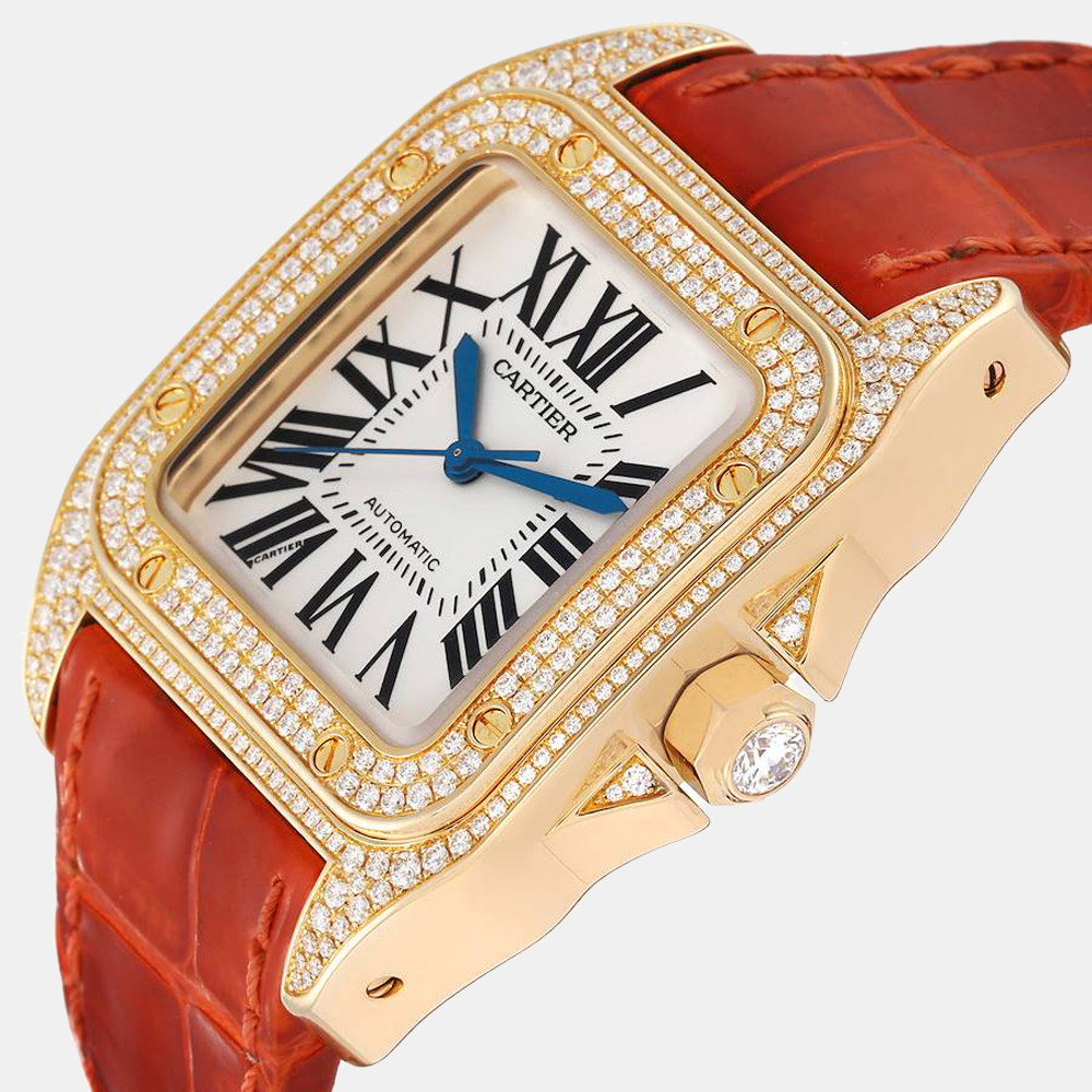 

Cartier Silver Diamond 18k Yellow Gold Santos WM502051 Automatic Men's Wristwatch 33 mm