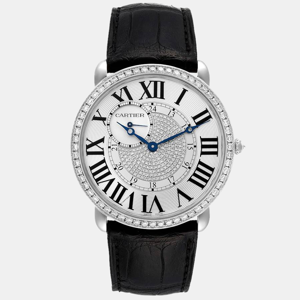 Pre-owned Cartier Silver Diamond 18k White Gold Ronde Louis 3269 Manual Winding Men's Wristwatch 42 Mm
