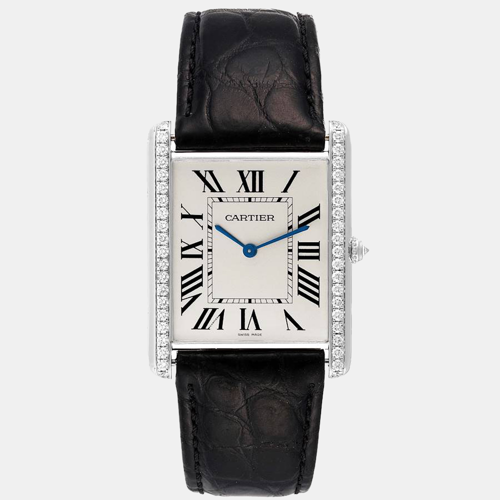 Pre-owned Cartier Silver Diamond 18k White Gold Tank Louis Wt200006 Manual Winding Men's Wristwatch 35 Mm
