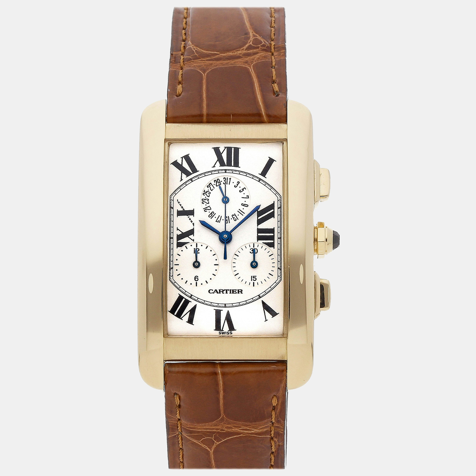 Pre-owned Cartier White 18k Yellow Gold Tank Americaine Quartz Men's Wristwatch 27 Mm In Silver