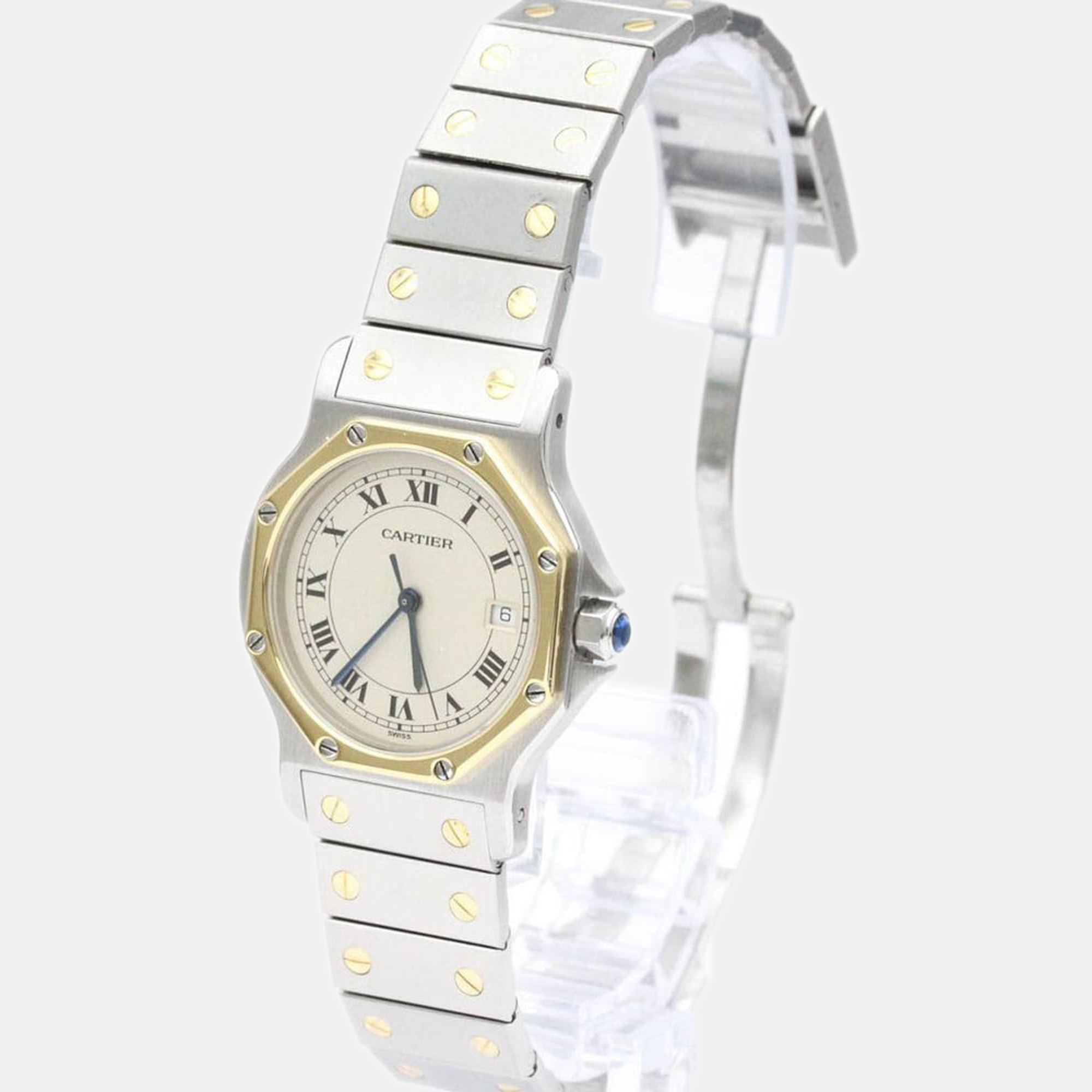 Pre Owned Cartier Silver 18k Yellow Gold And Stainless Steel Santos Octagon 187902 Quartz Men's Wristwatch 29 mm