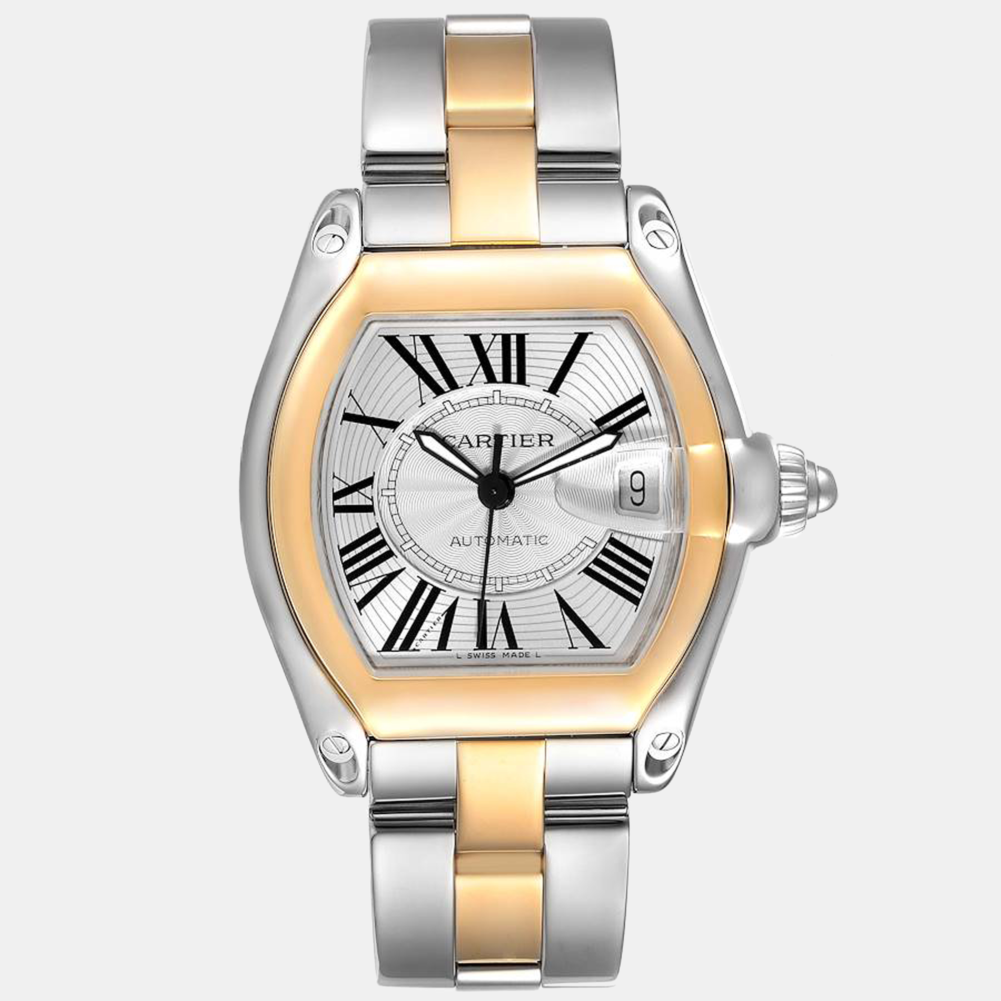 Pre-owned Cartier Silver 18k Yellow Gold And Stainless Steel Roadster W62031y4 Automatic Men's Wristwatch 38 Mm